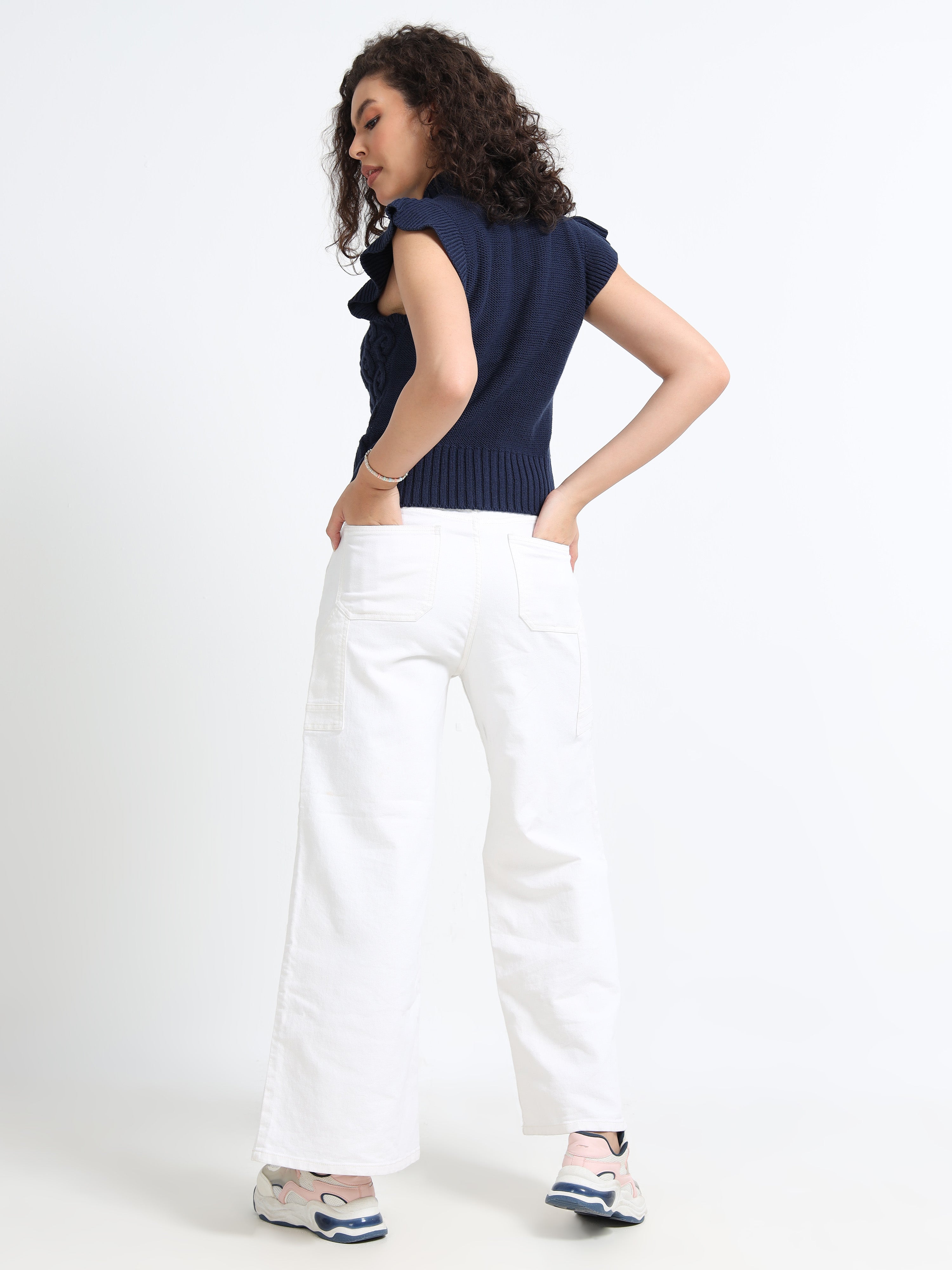 Women Navy Cable Knit Sweater