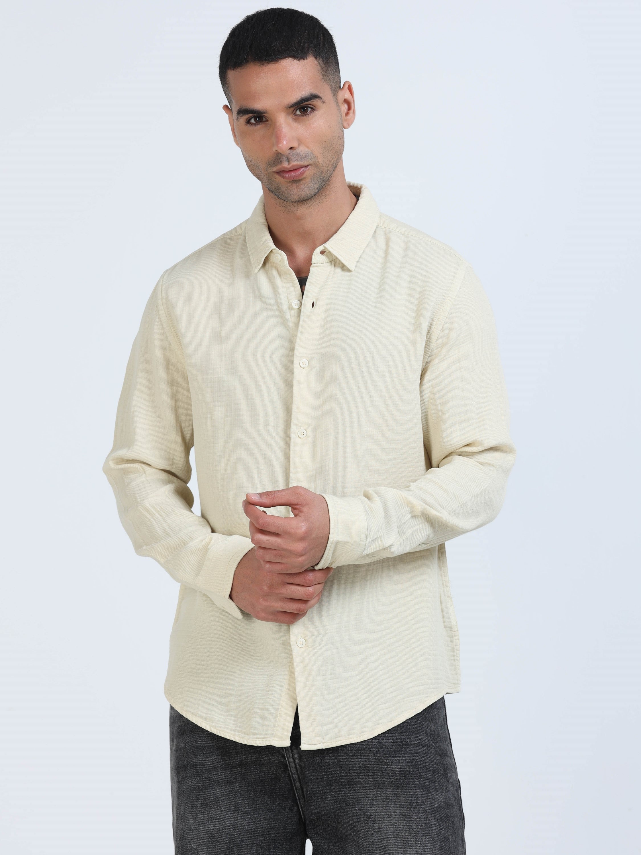 Men Beige Cotton Double Cloth Shirt