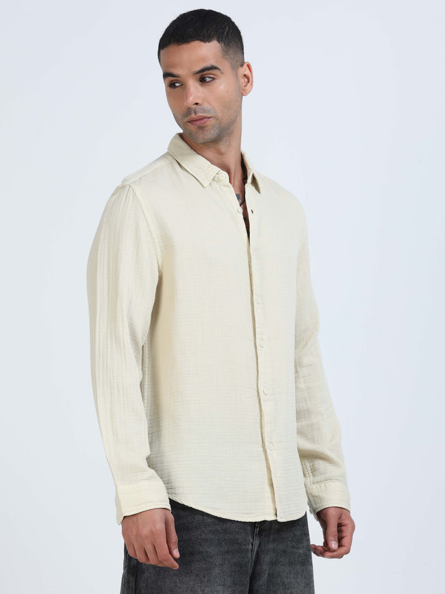 Men Beige Cotton Double Cloth Shirt