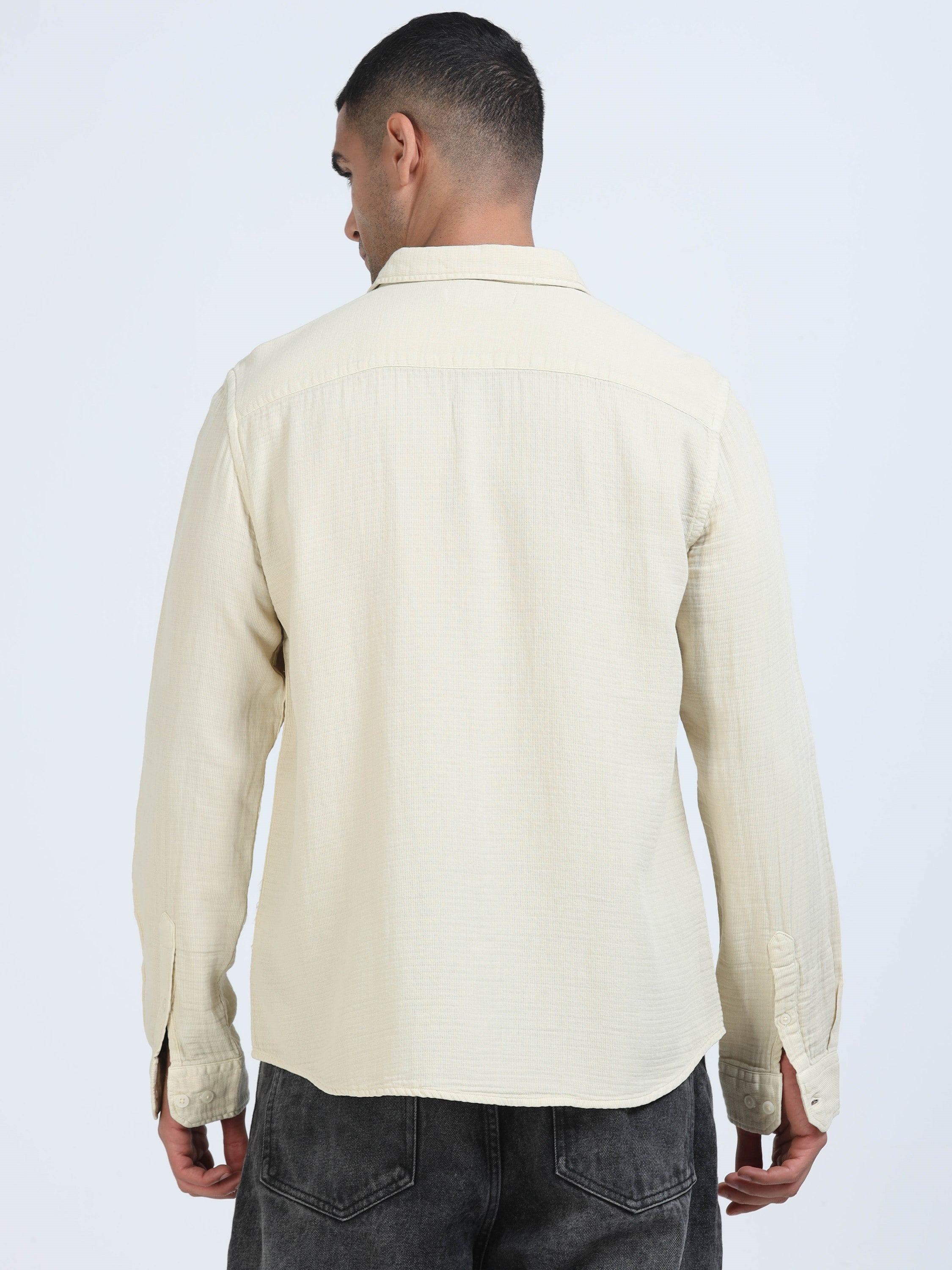 Men Beige Cotton Double Cloth Shirt