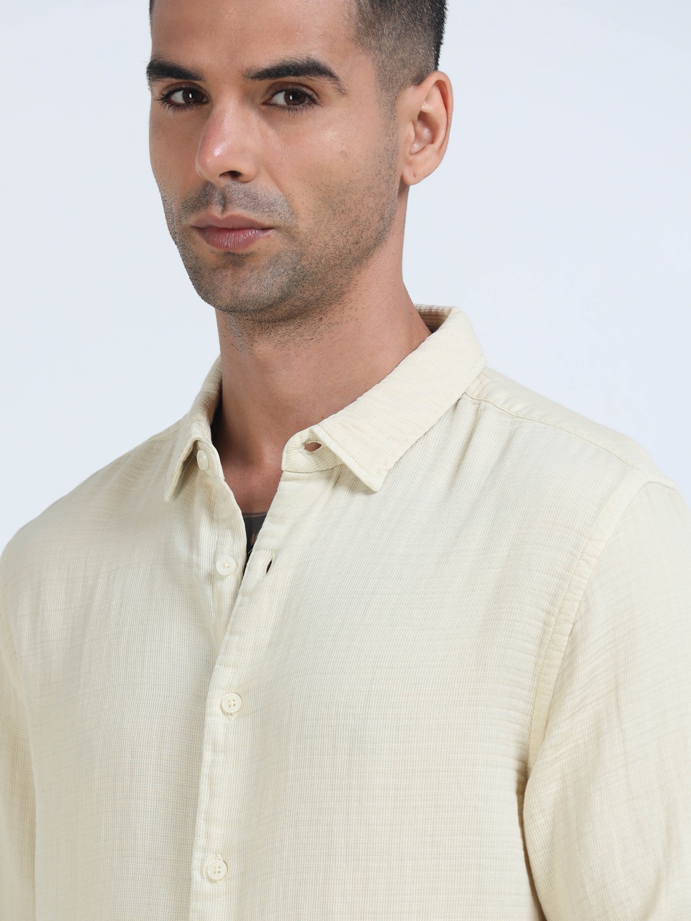 Men Beige Cotton Double Cloth Shirt