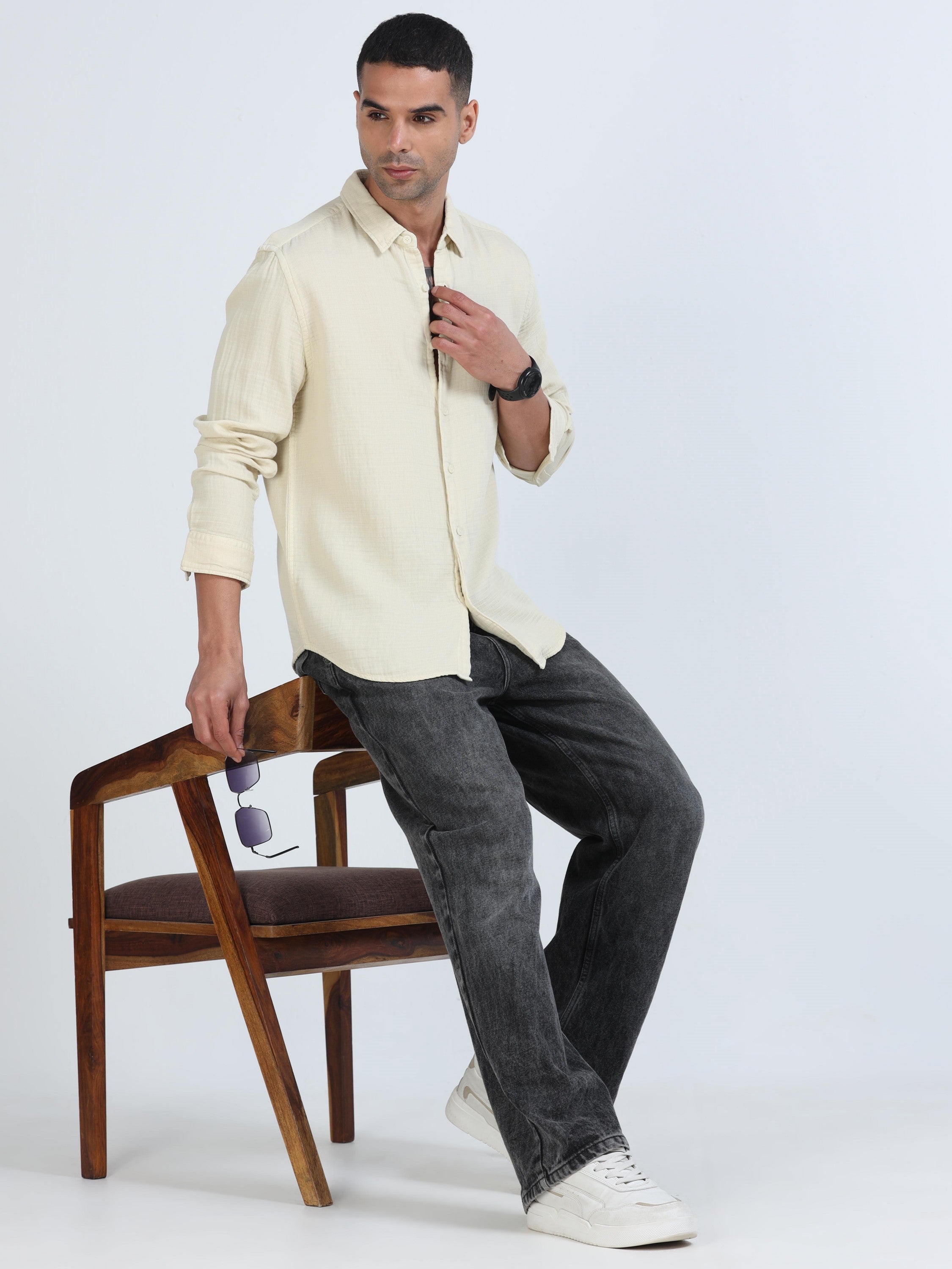 Men Beige Cotton Double Cloth Shirt