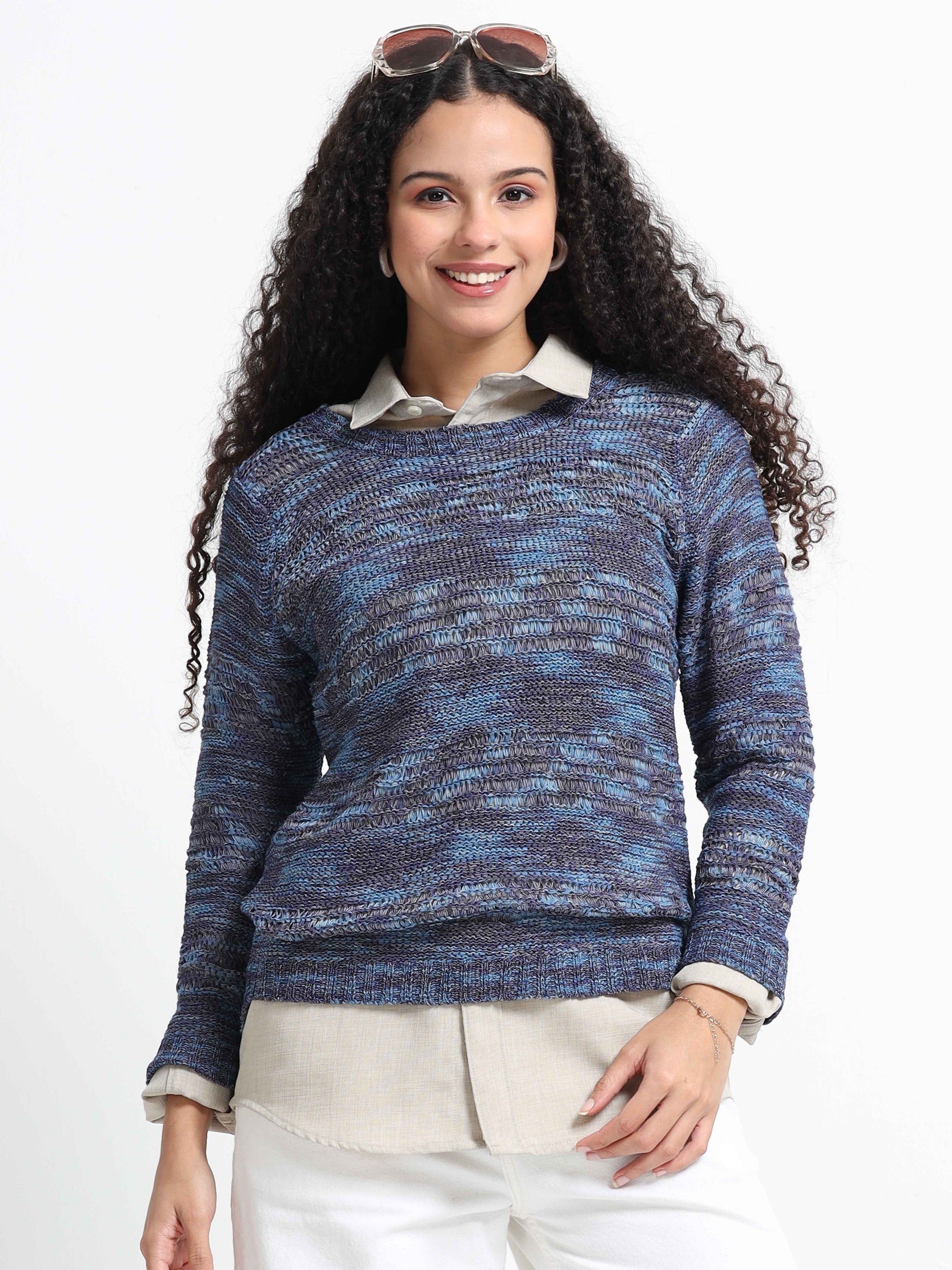 Women Blue Textured Sweater