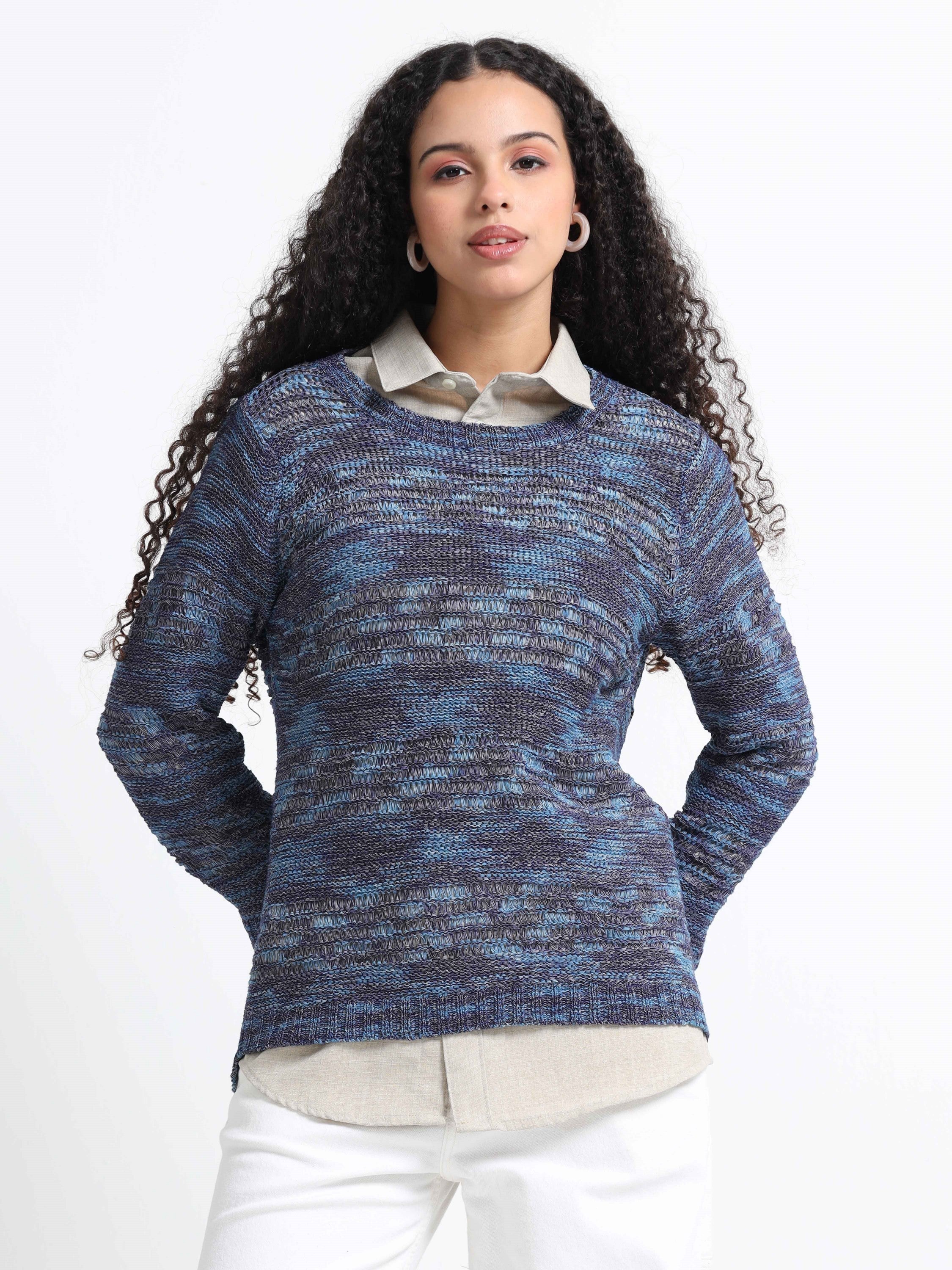 Women Blue Textured Sweater