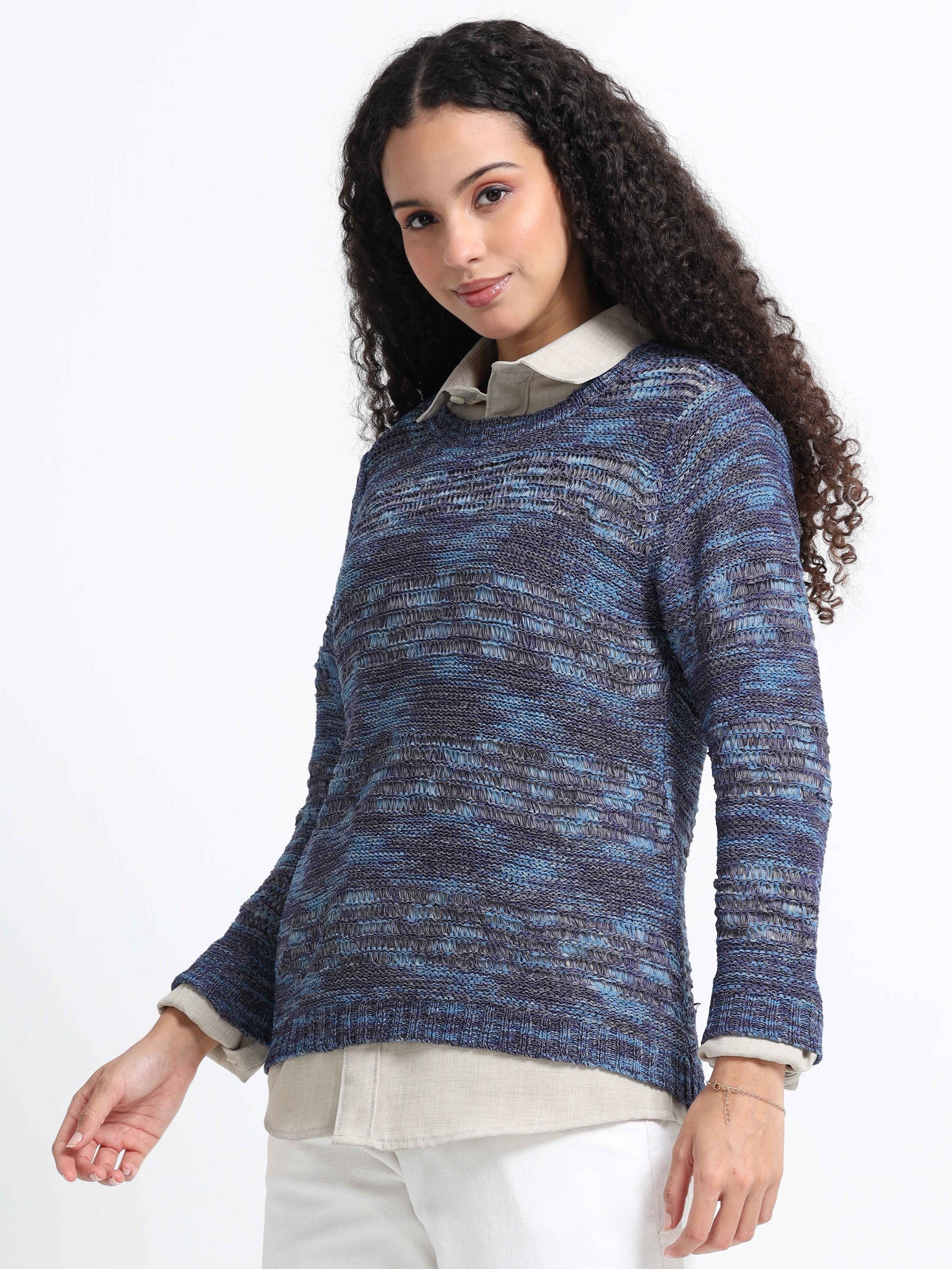 Women Blue Textured Sweater