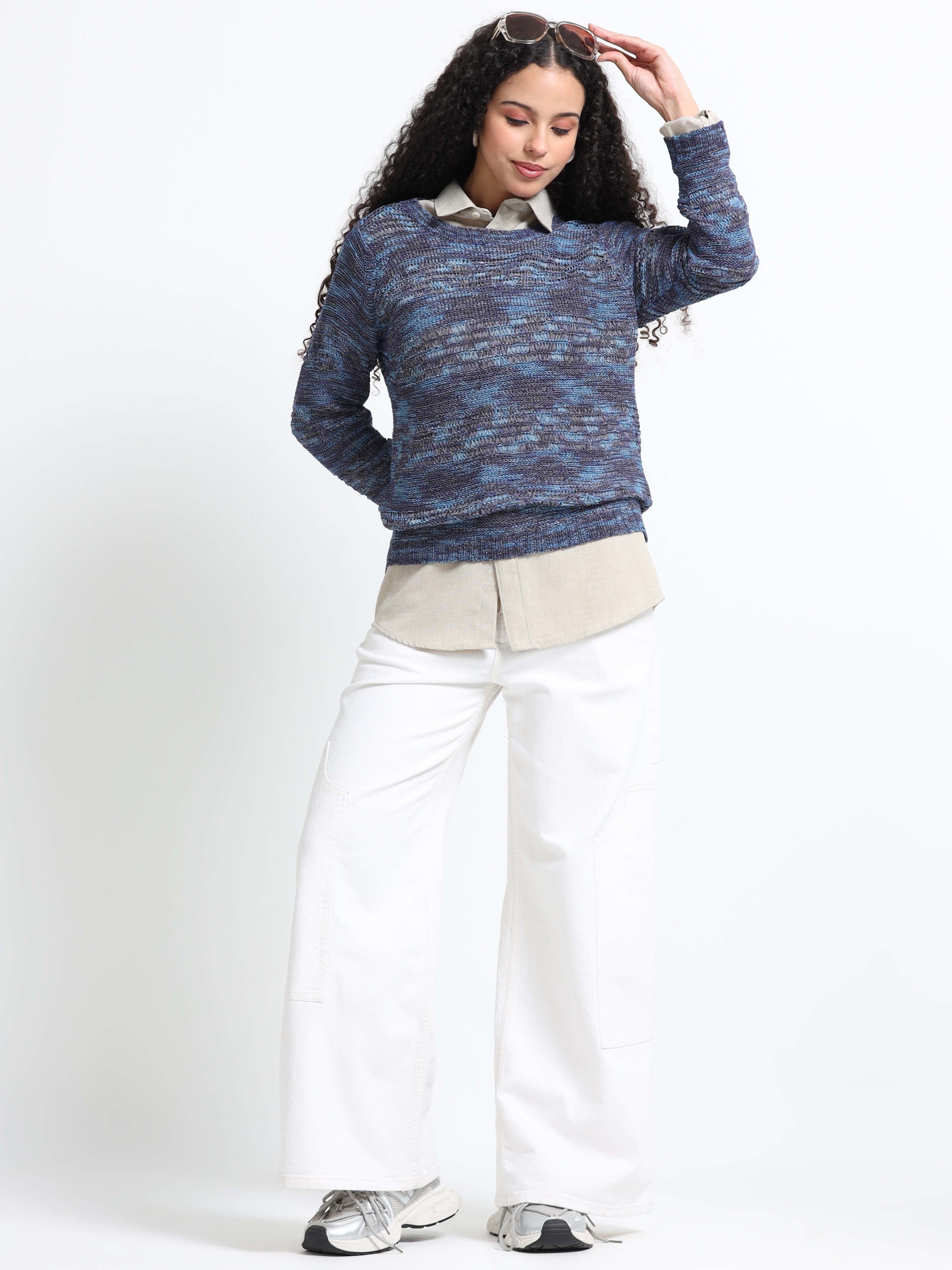 Women Blue Textured Sweater