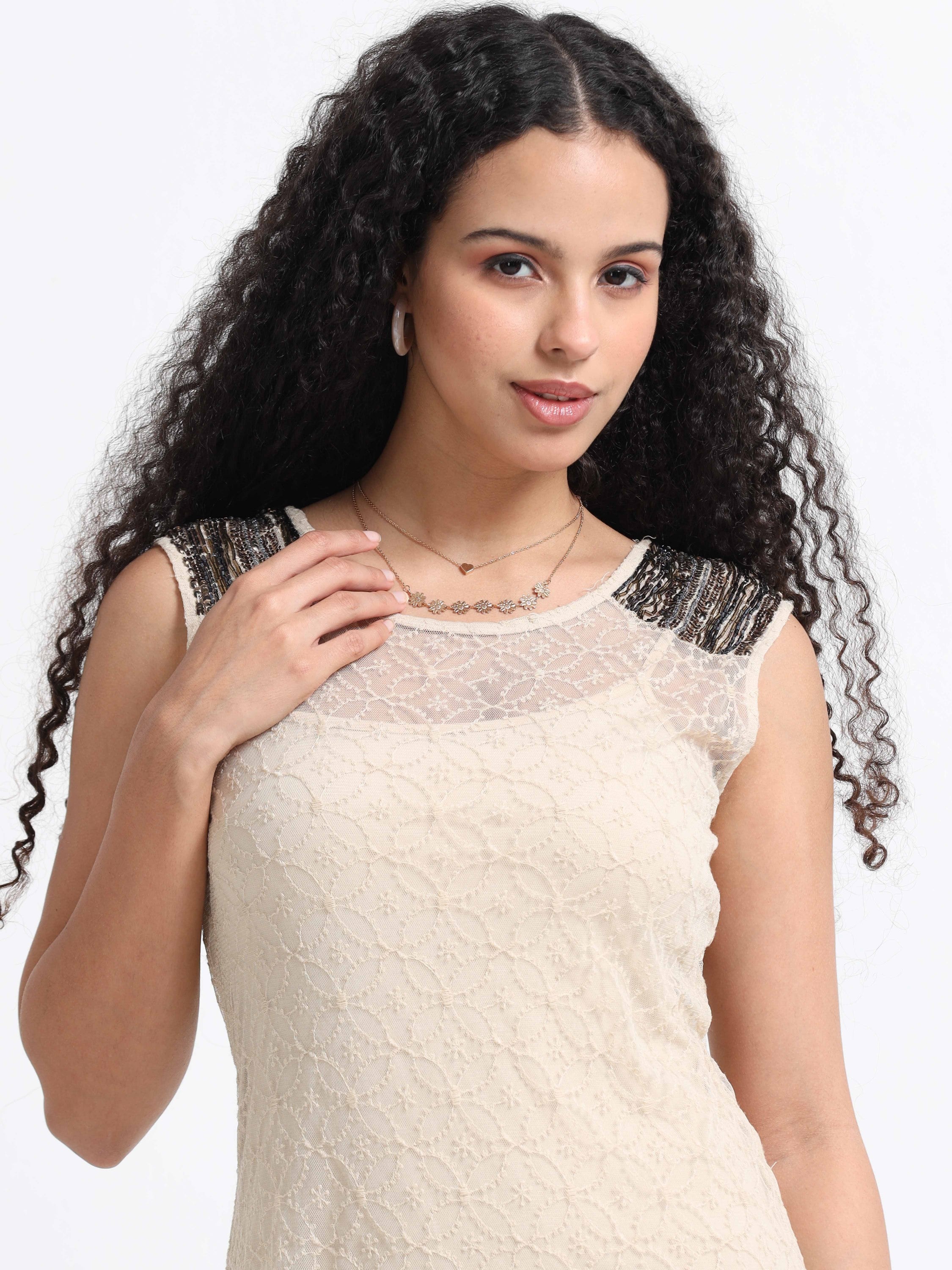 Women Cream Embellished Lace Dress