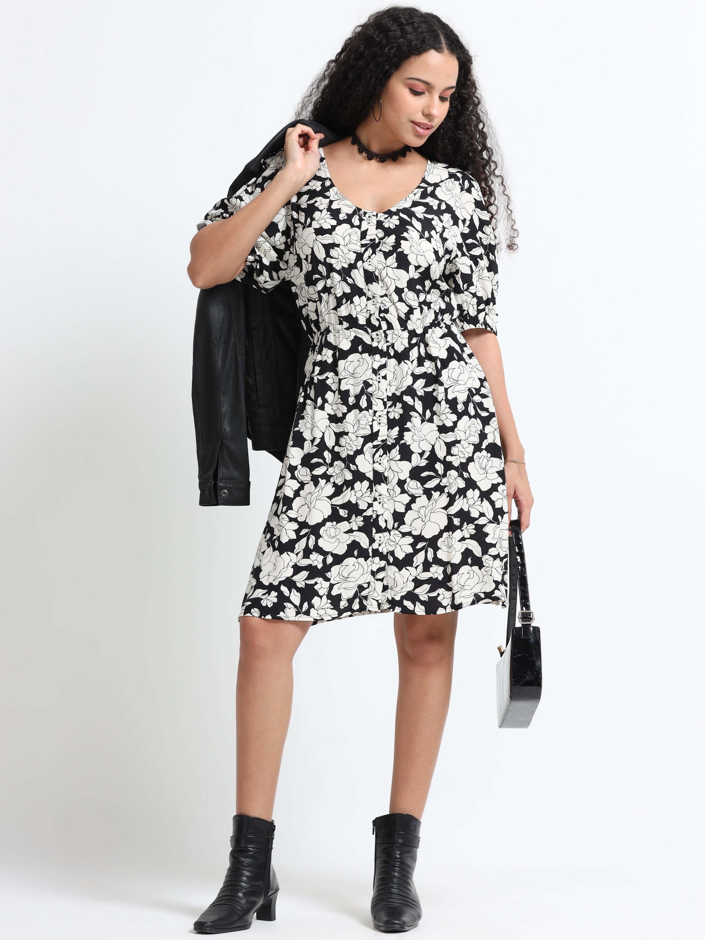 Women Retro Black White Floral Dress