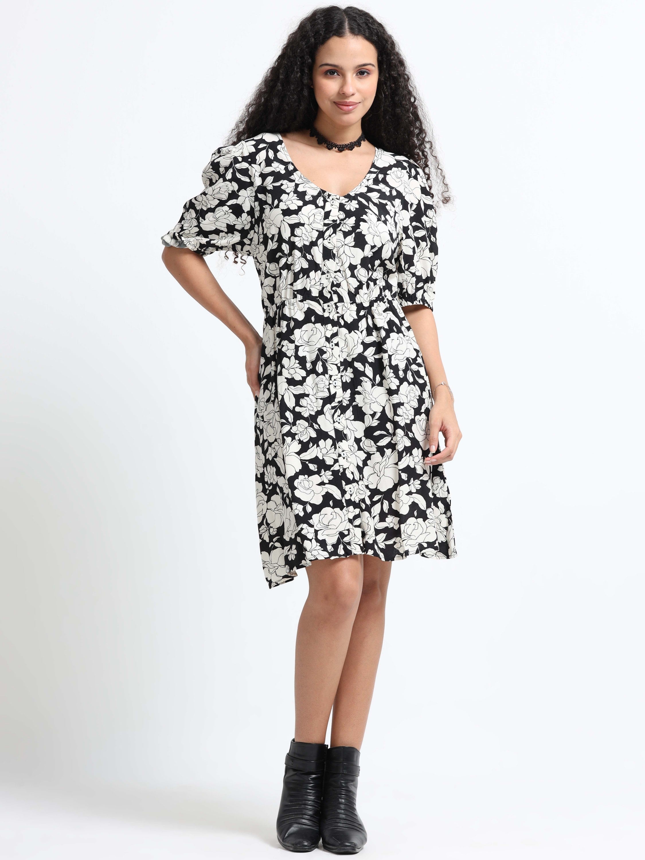 Women Retro Black White Floral Dress
