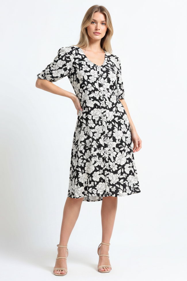 Women Retro Black White Floral Dress