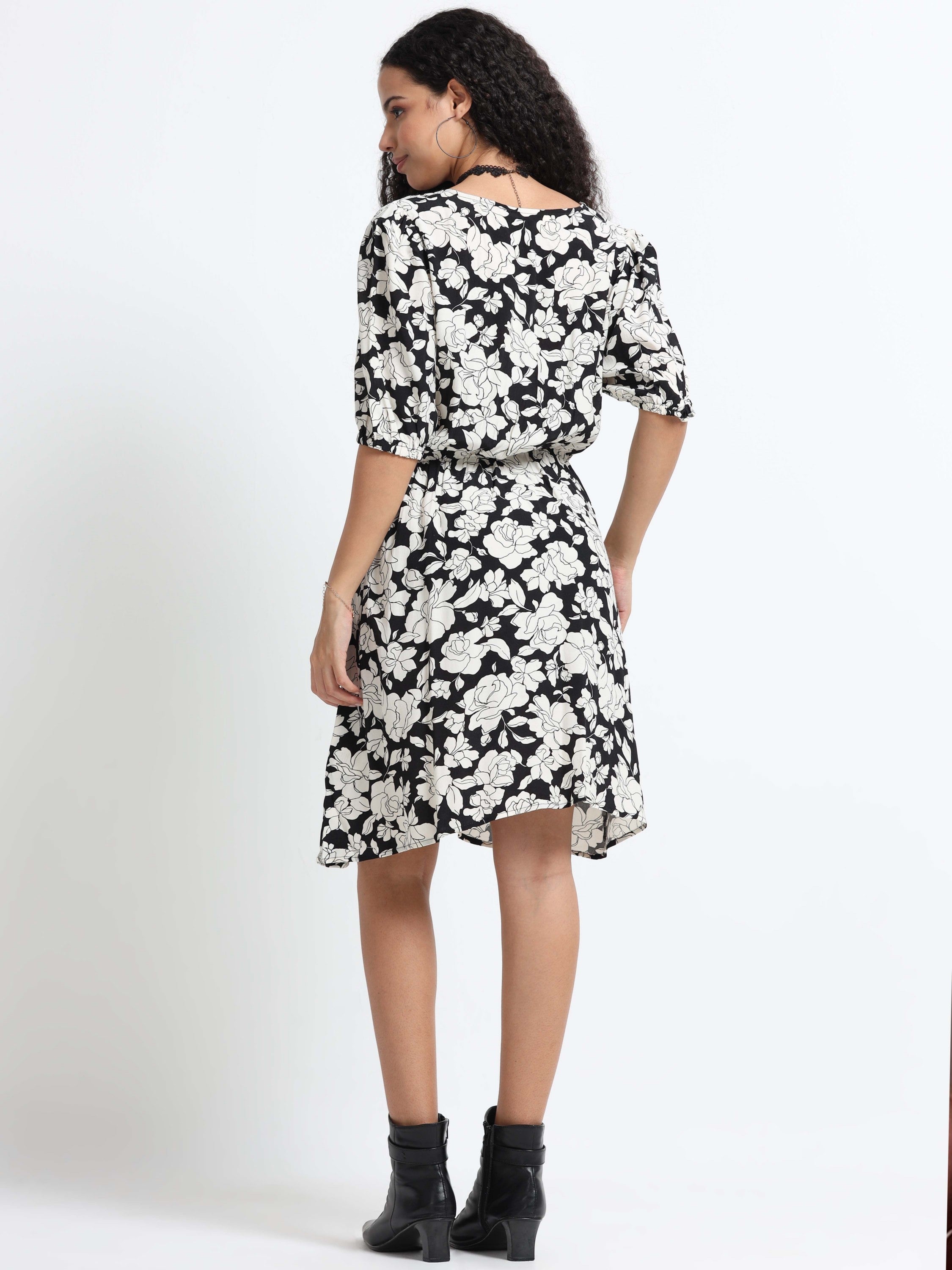 Women Retro Black White Floral Dress