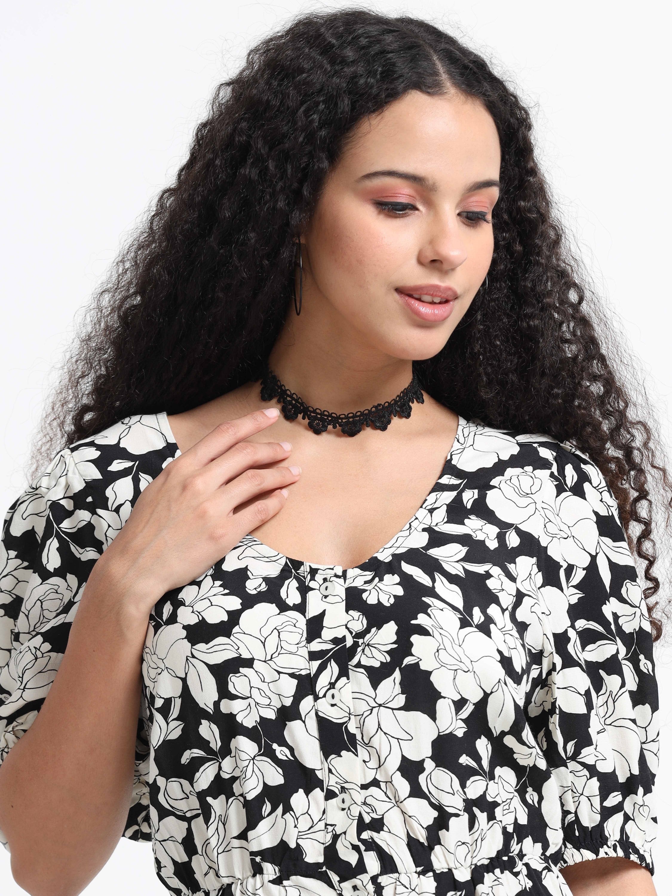 Women Retro Black White Floral Dress