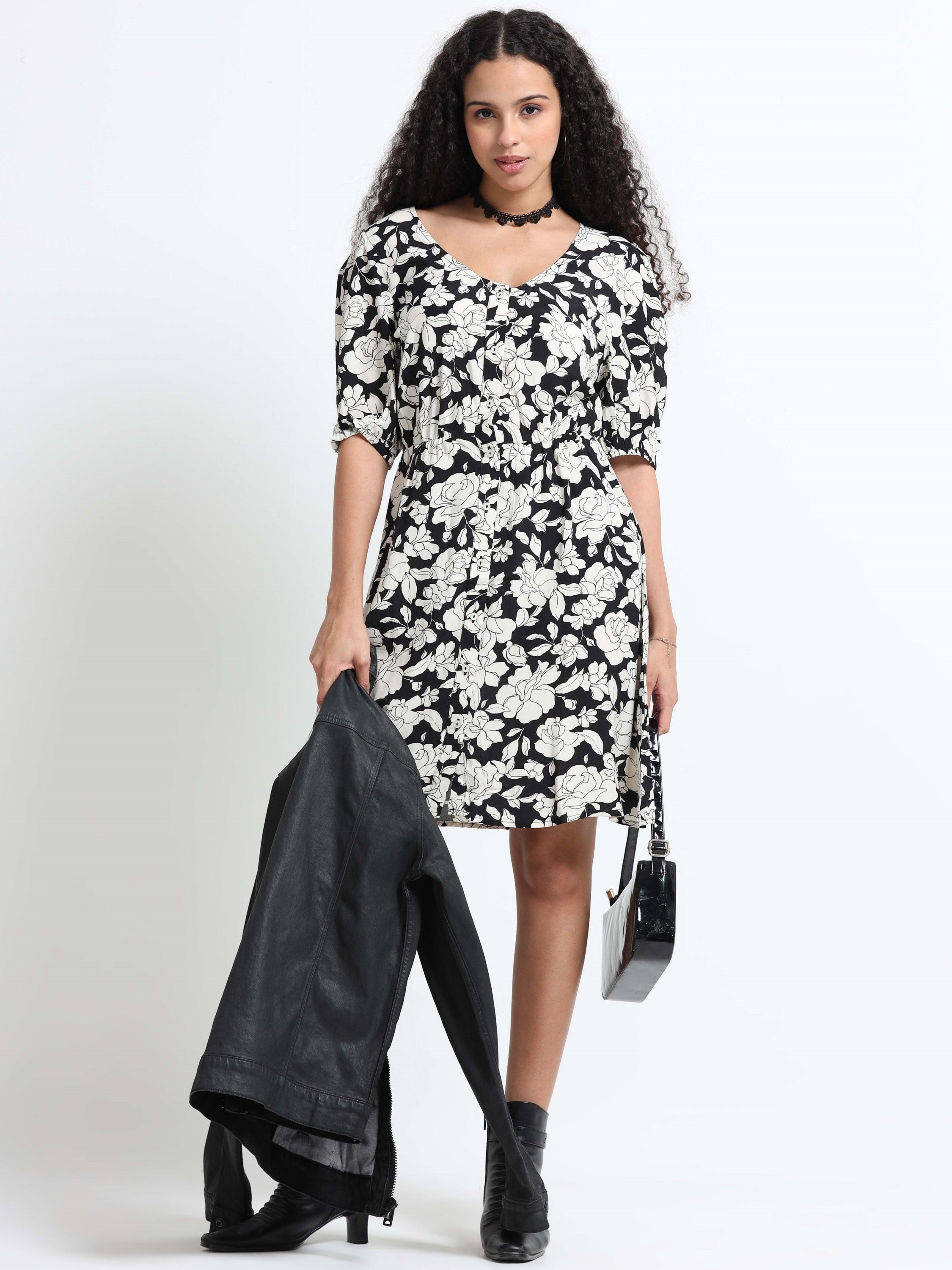 Women Retro Black White Floral Dress