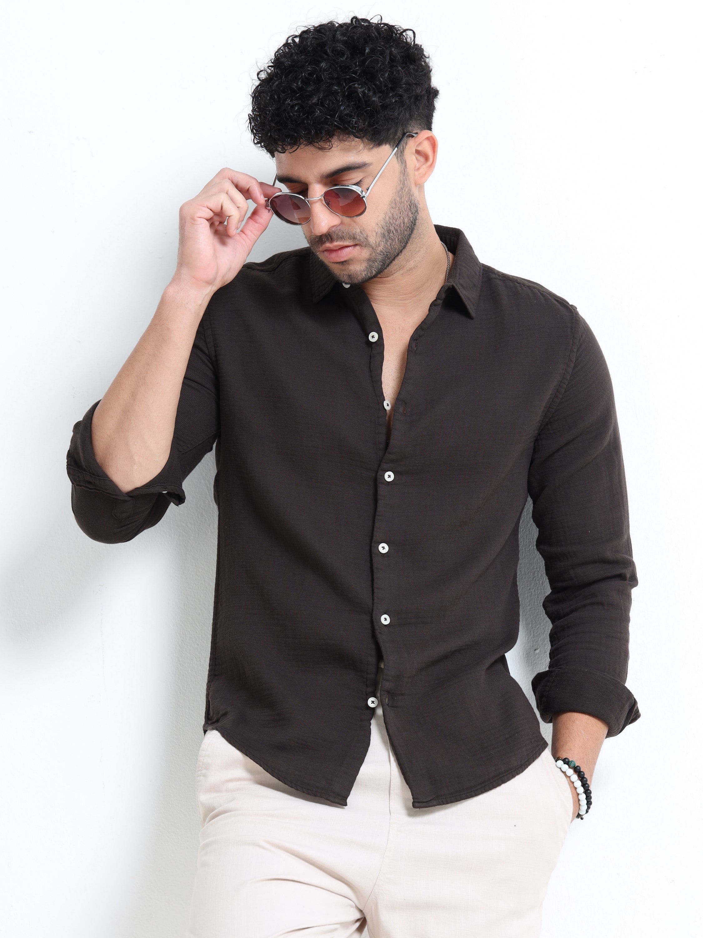 Men Brown Double Cloth Shirt
