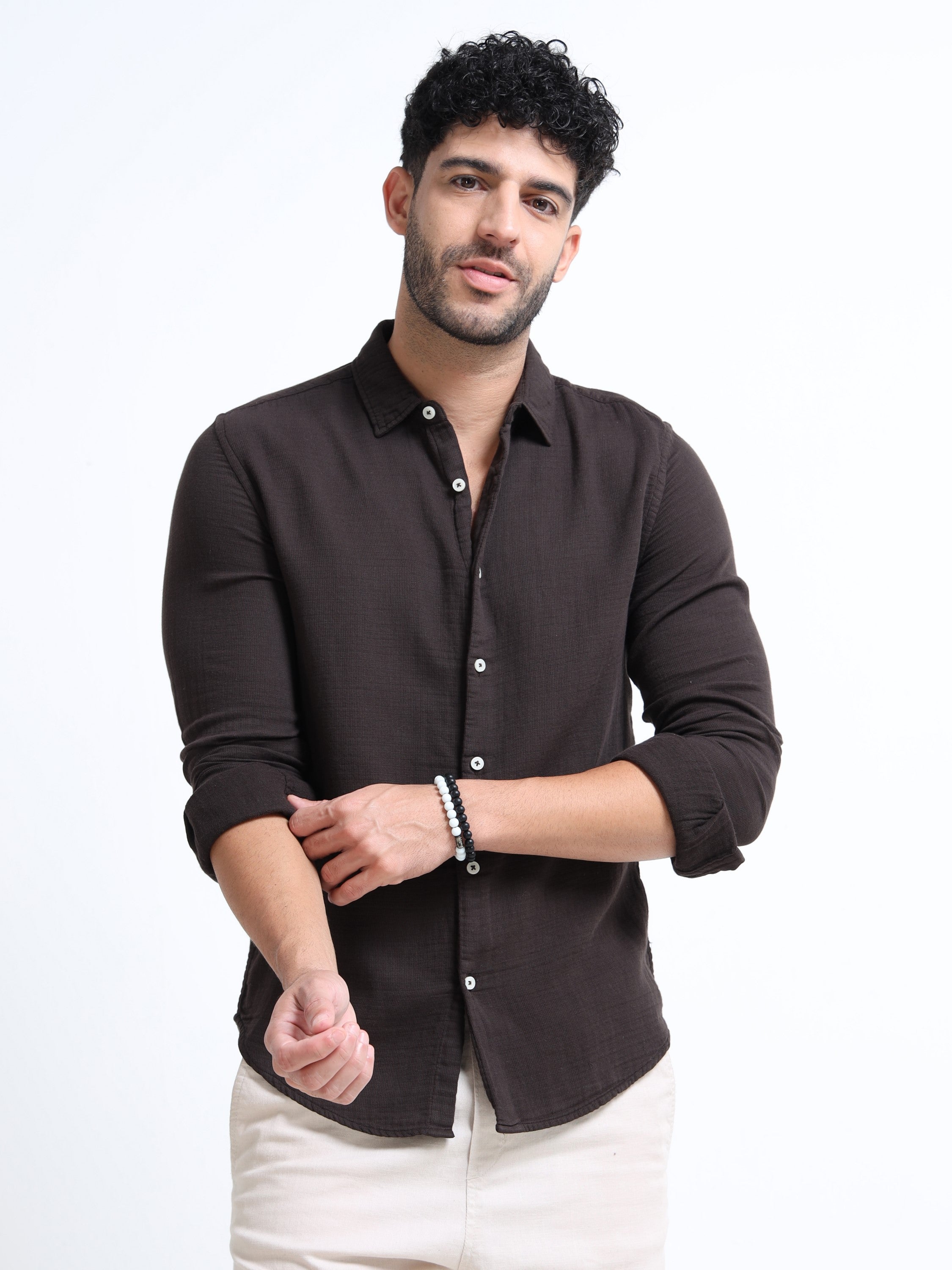 Men Brown Double Cloth Shirt