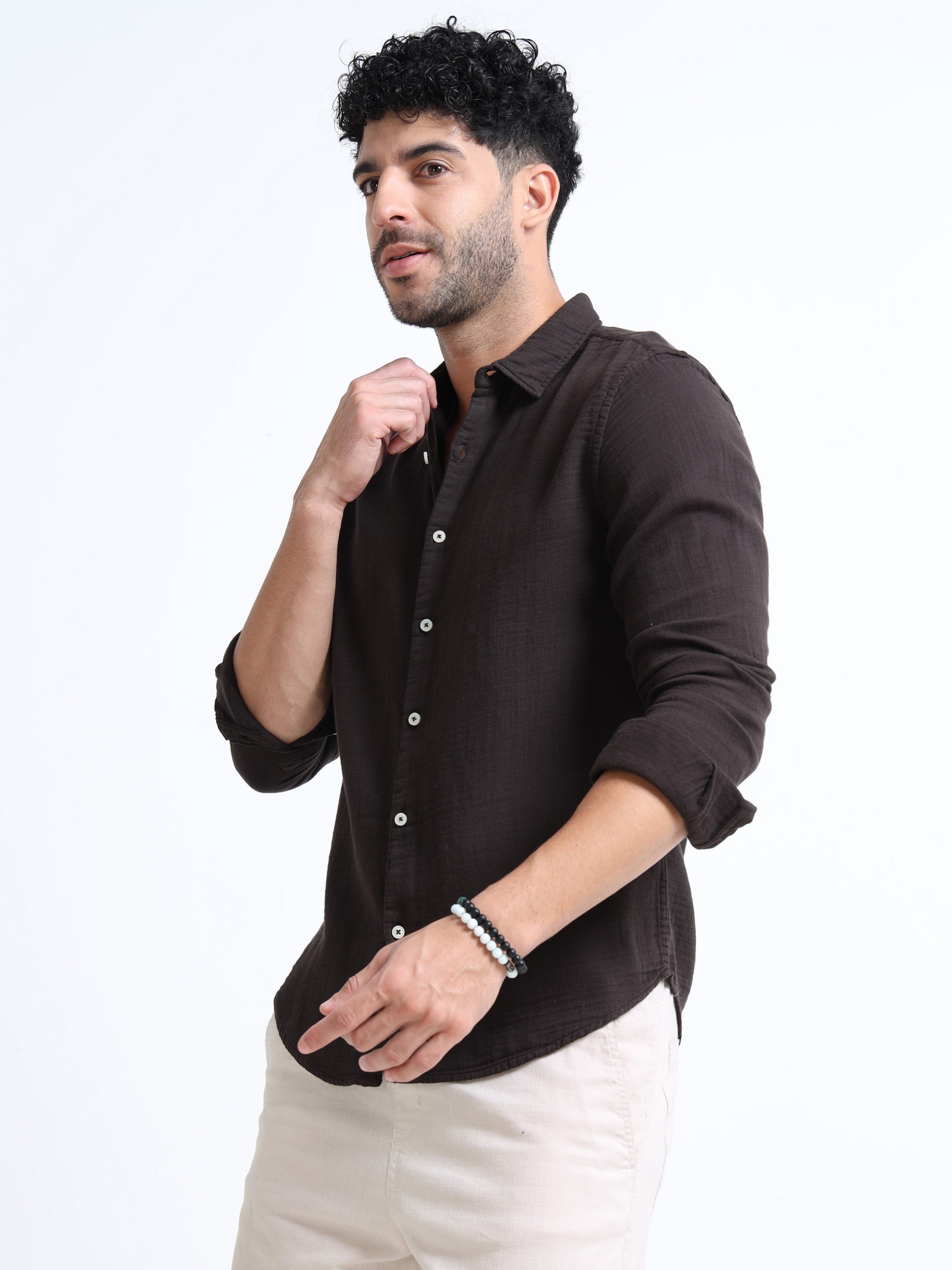 Men Brown Double Cloth Shirt