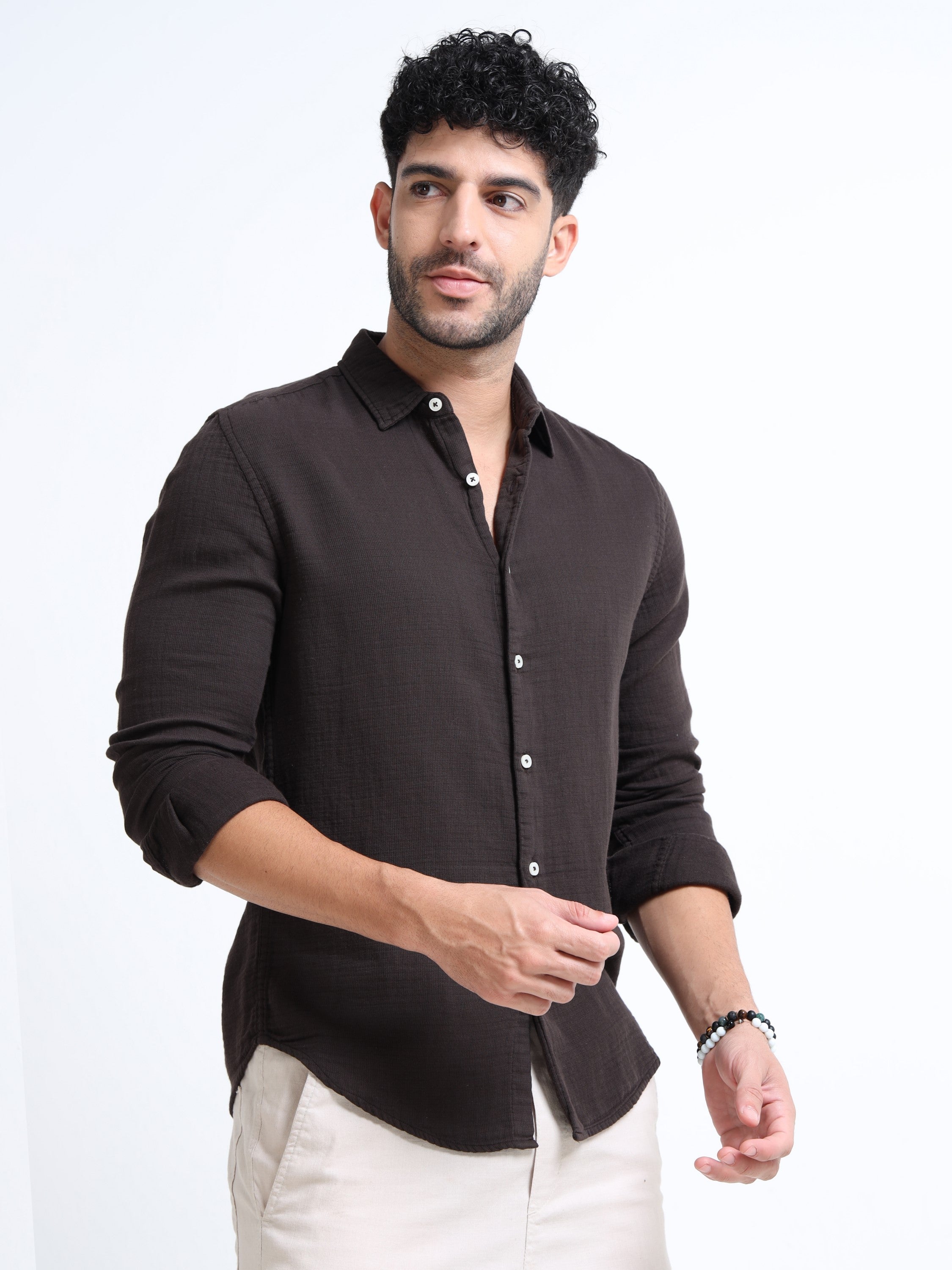 Men Brown Double Cloth Shirt