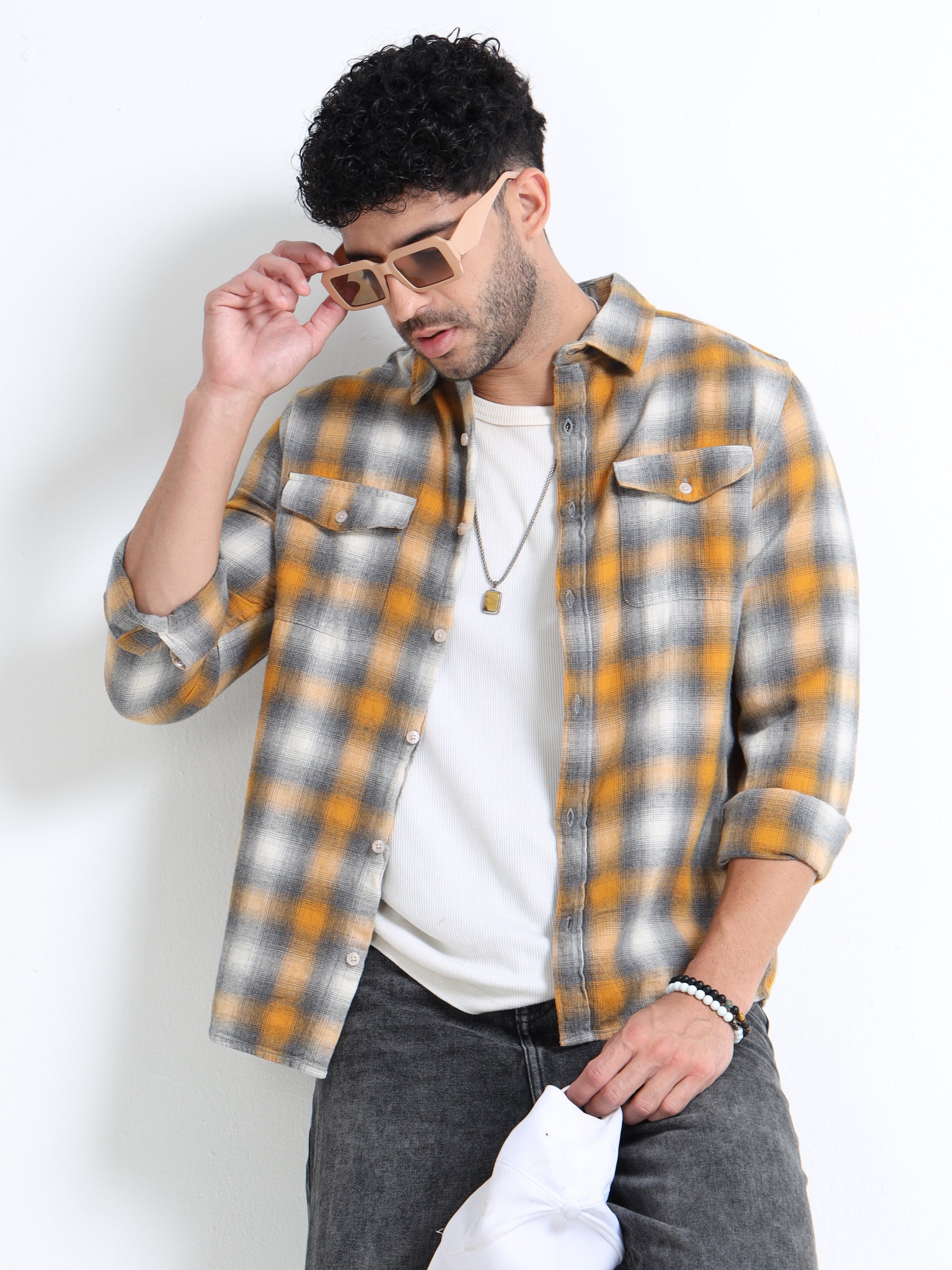 Men Yellow Grey Checkered Shirt 