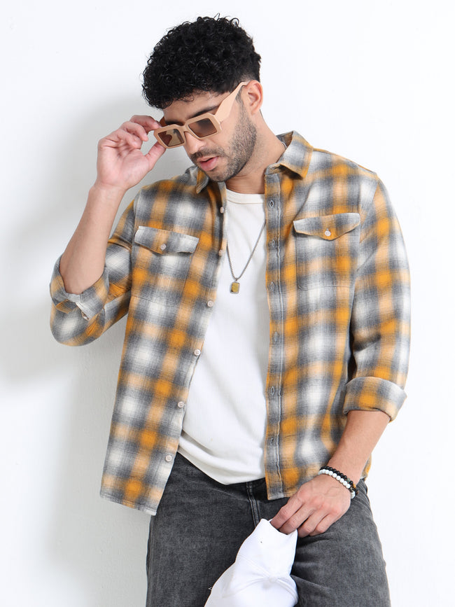 Men Yellow Grey Checkered Shirt 