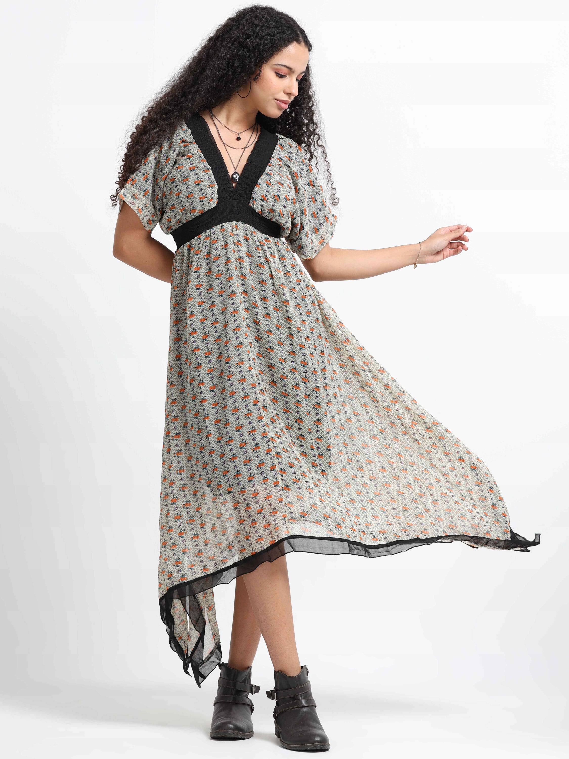 Women Printed Flared High Low Dress