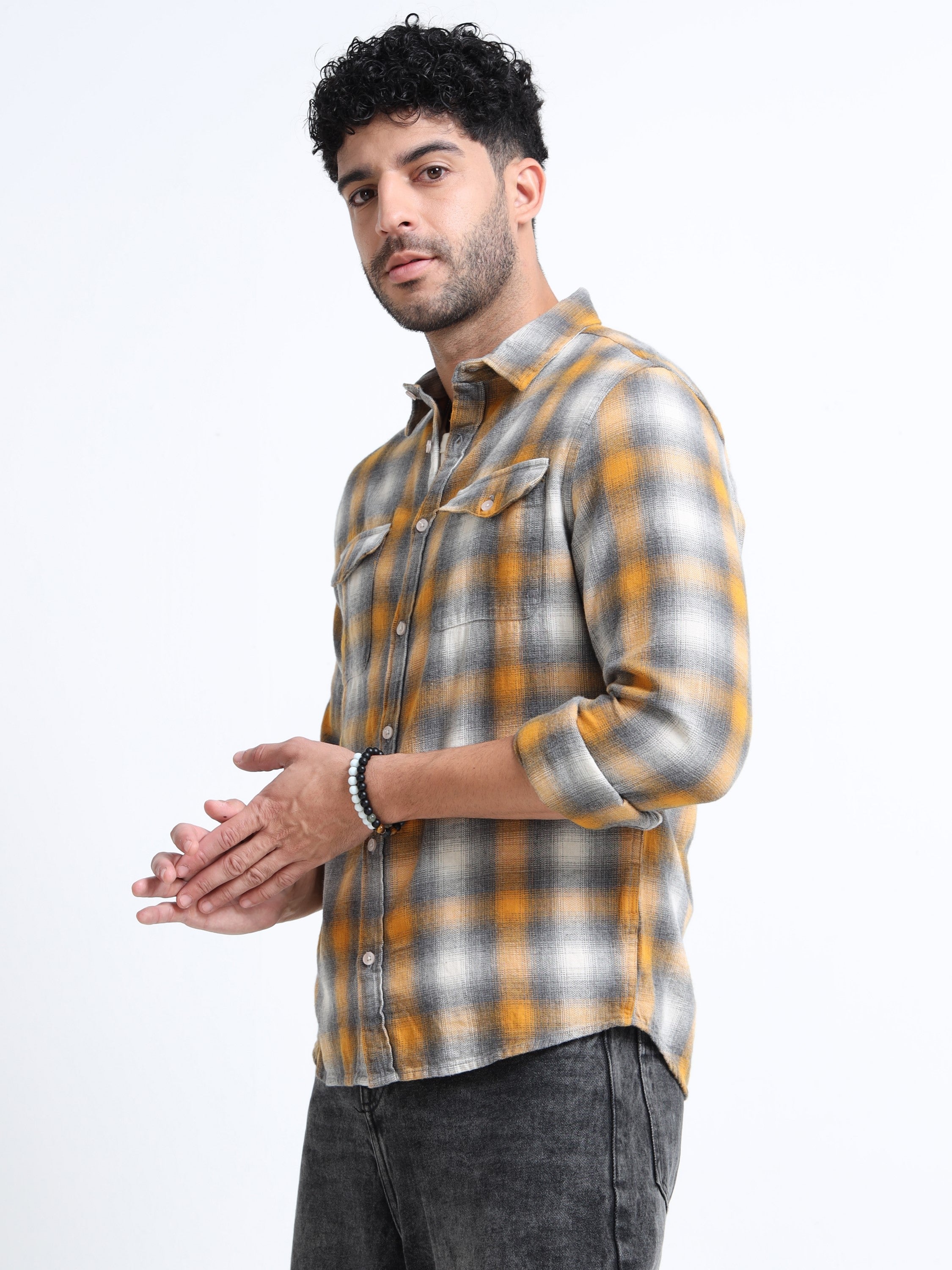 Men Yellow Grey Checkered Shirt 