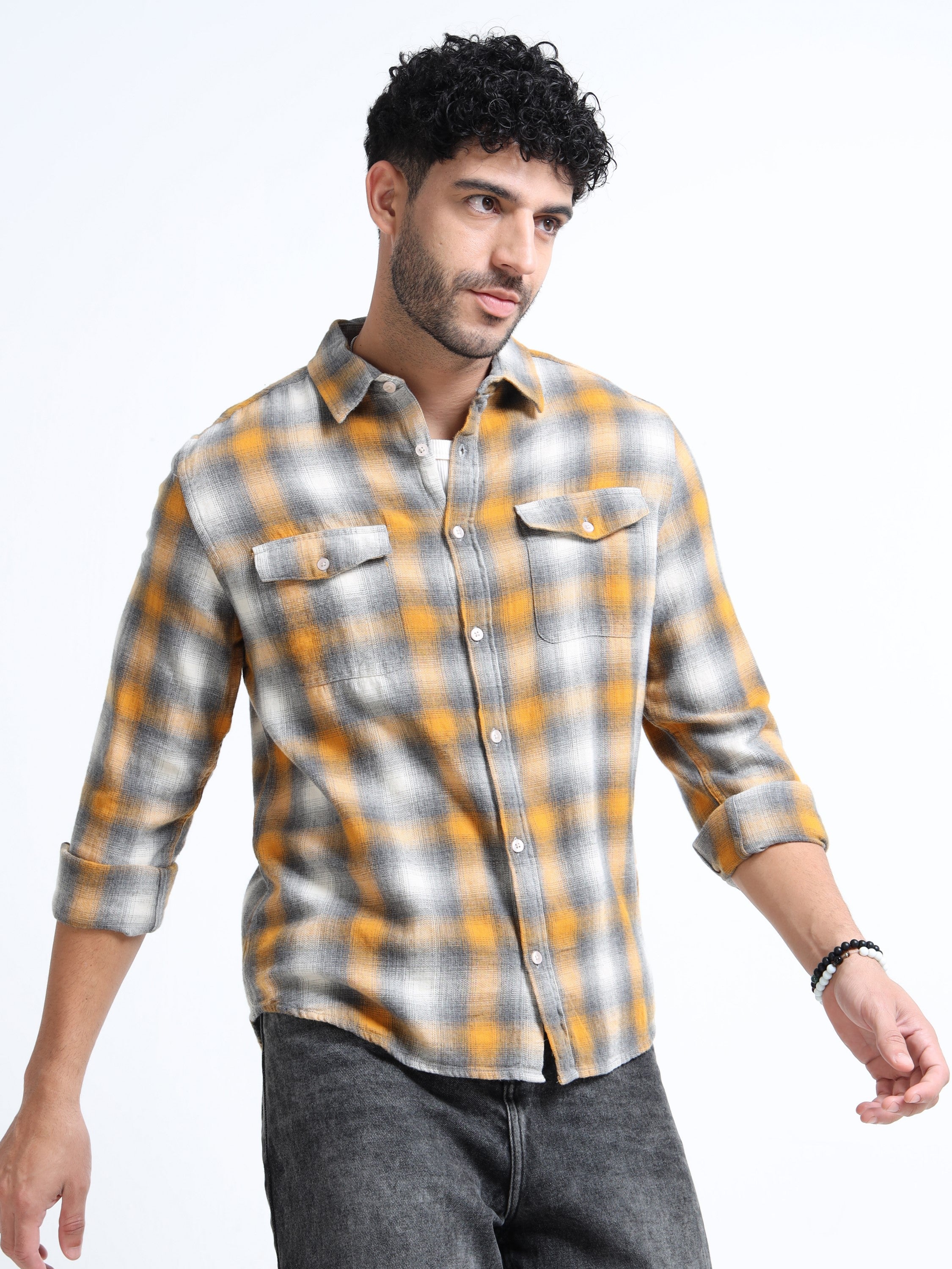 Men Yellow Grey Checkered Shirt 