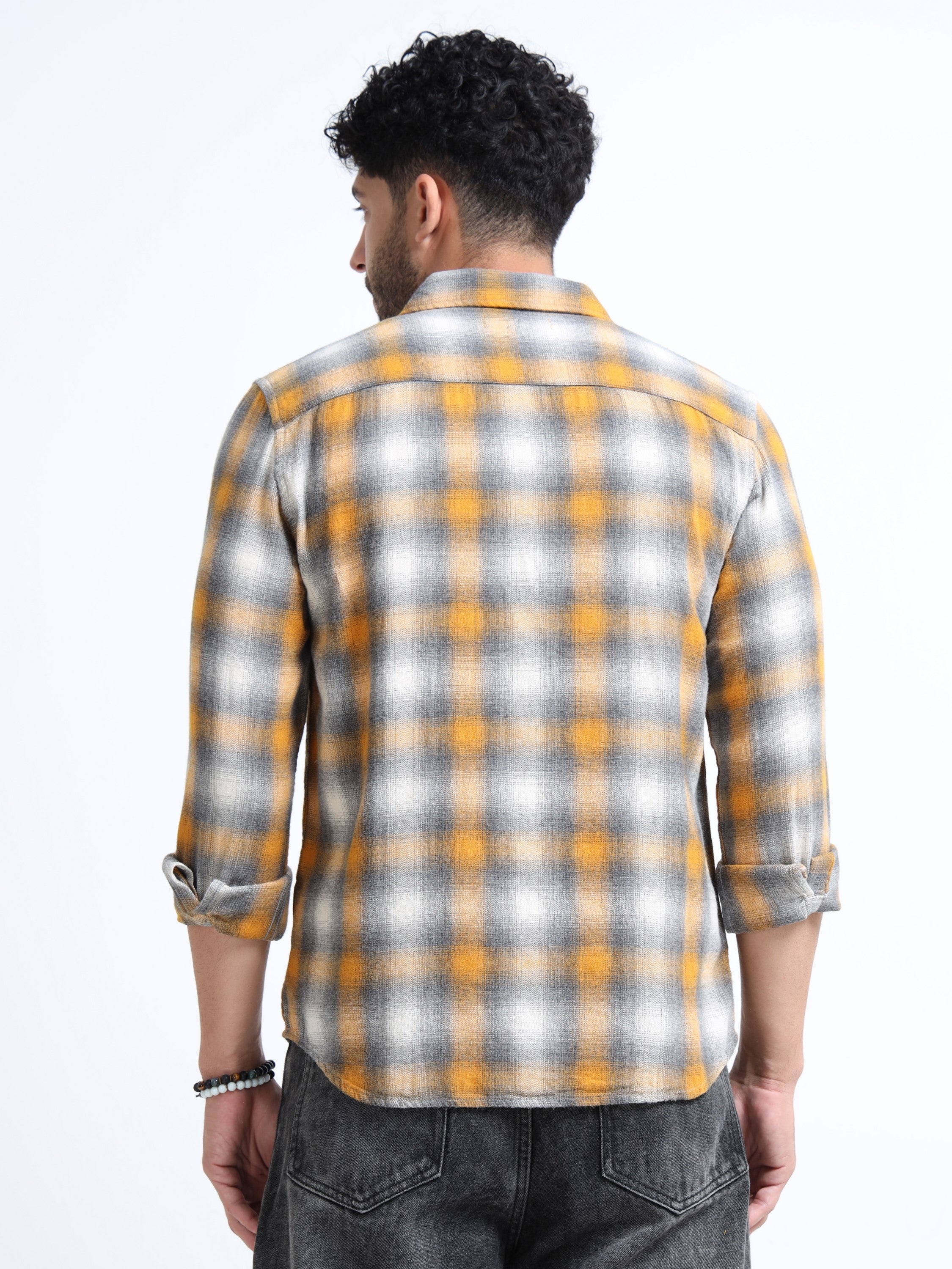 Men Yellow Grey Checkered Shirt 