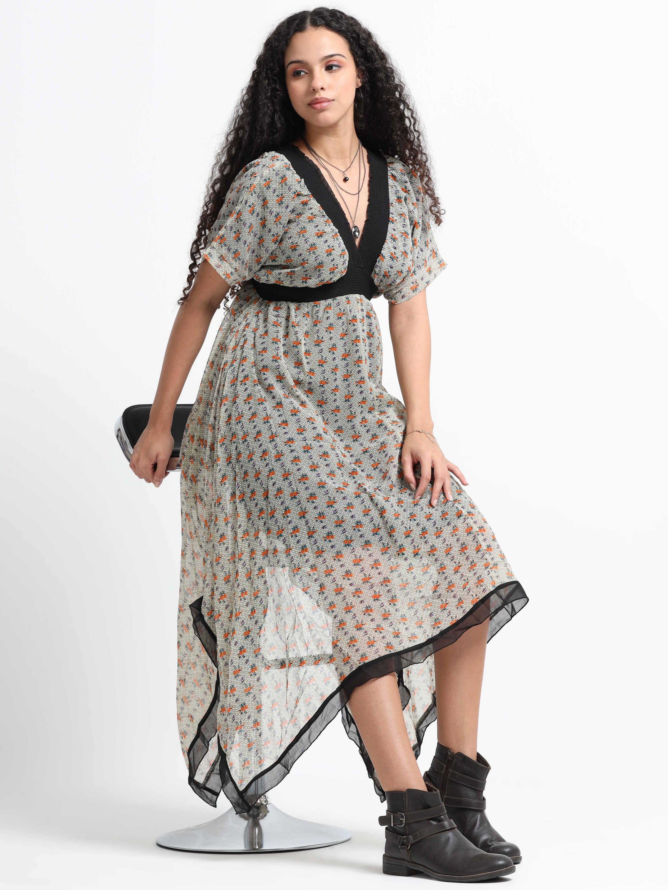 Women Printed Flared High Low Dress