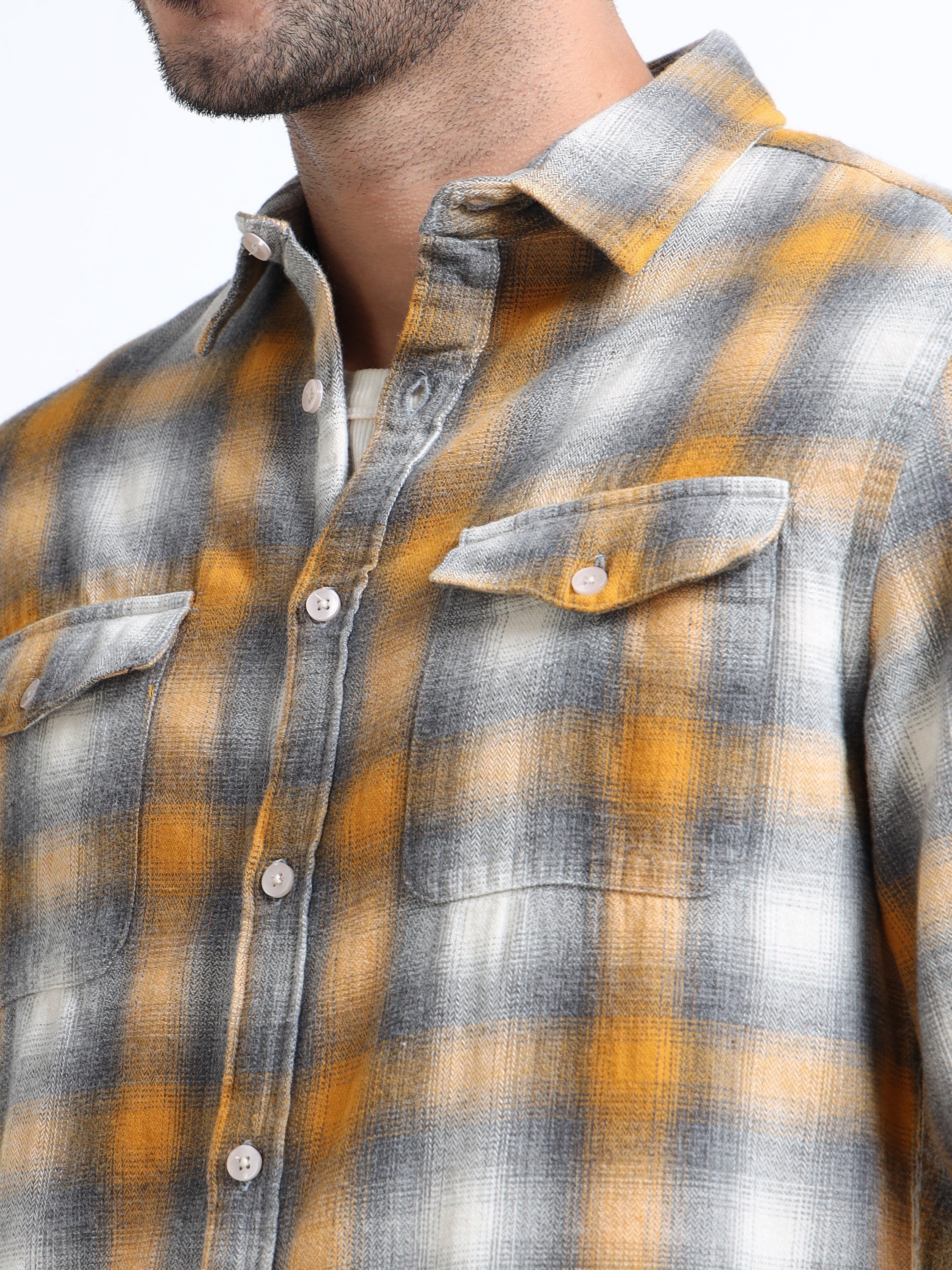 Men Yellow Grey Checkered Shirt 