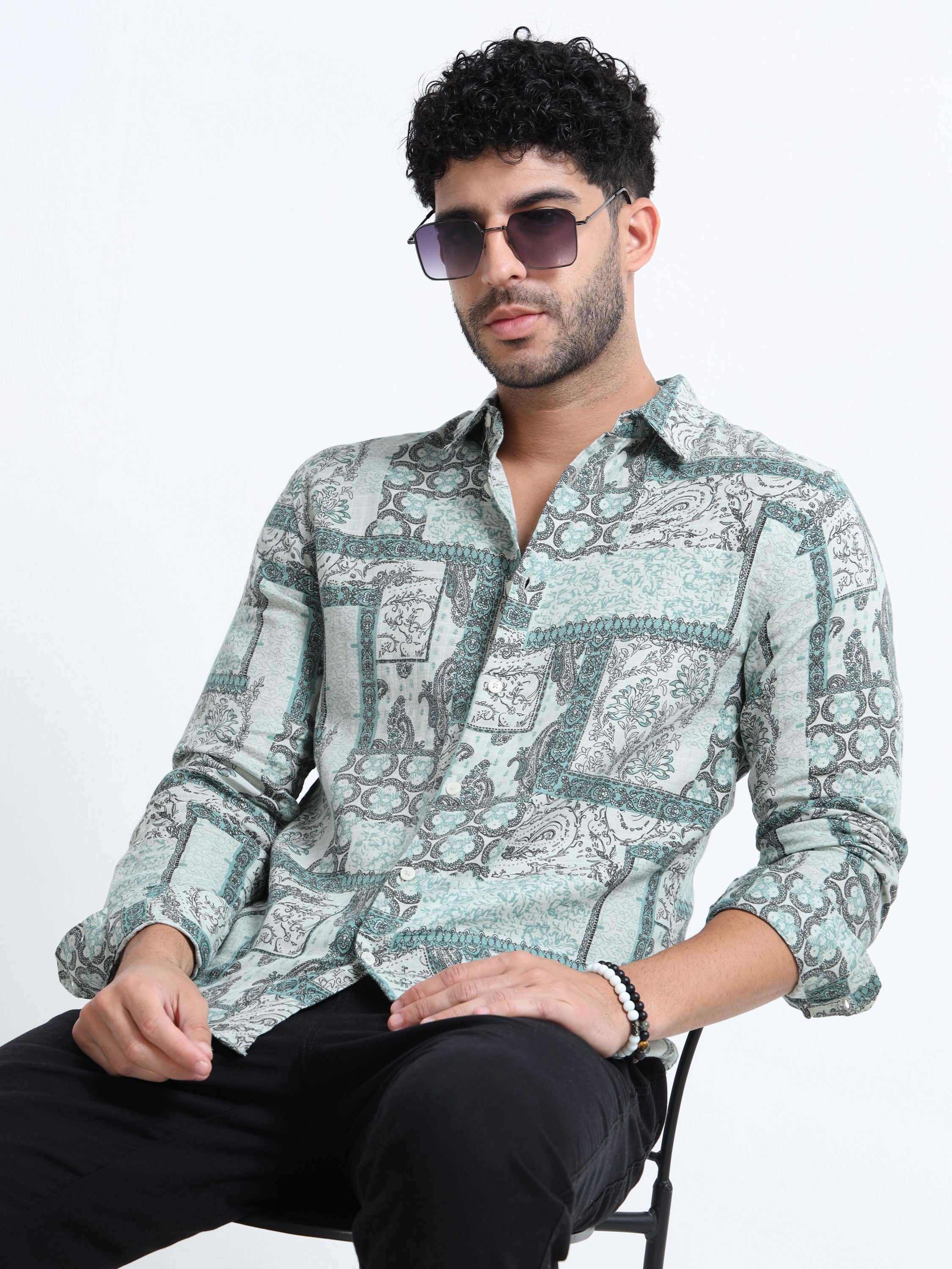 Men Green Paisley Patch Shirt