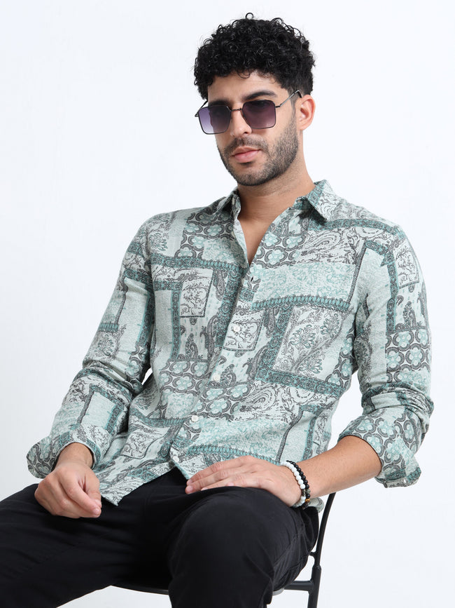 Men Green Paisley Patch Shirt