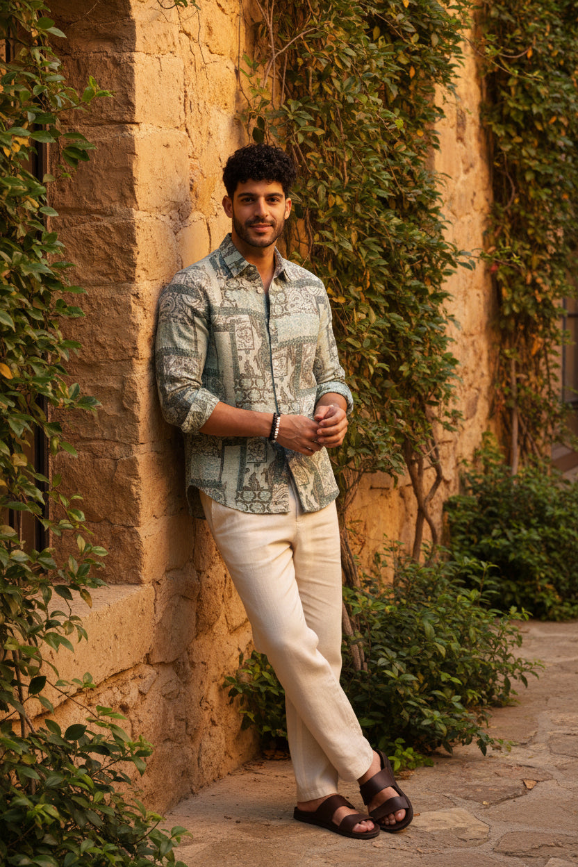 Men Green Paisley Patch Shirt