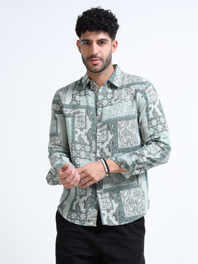 Men Green Paisley Patch Shirt