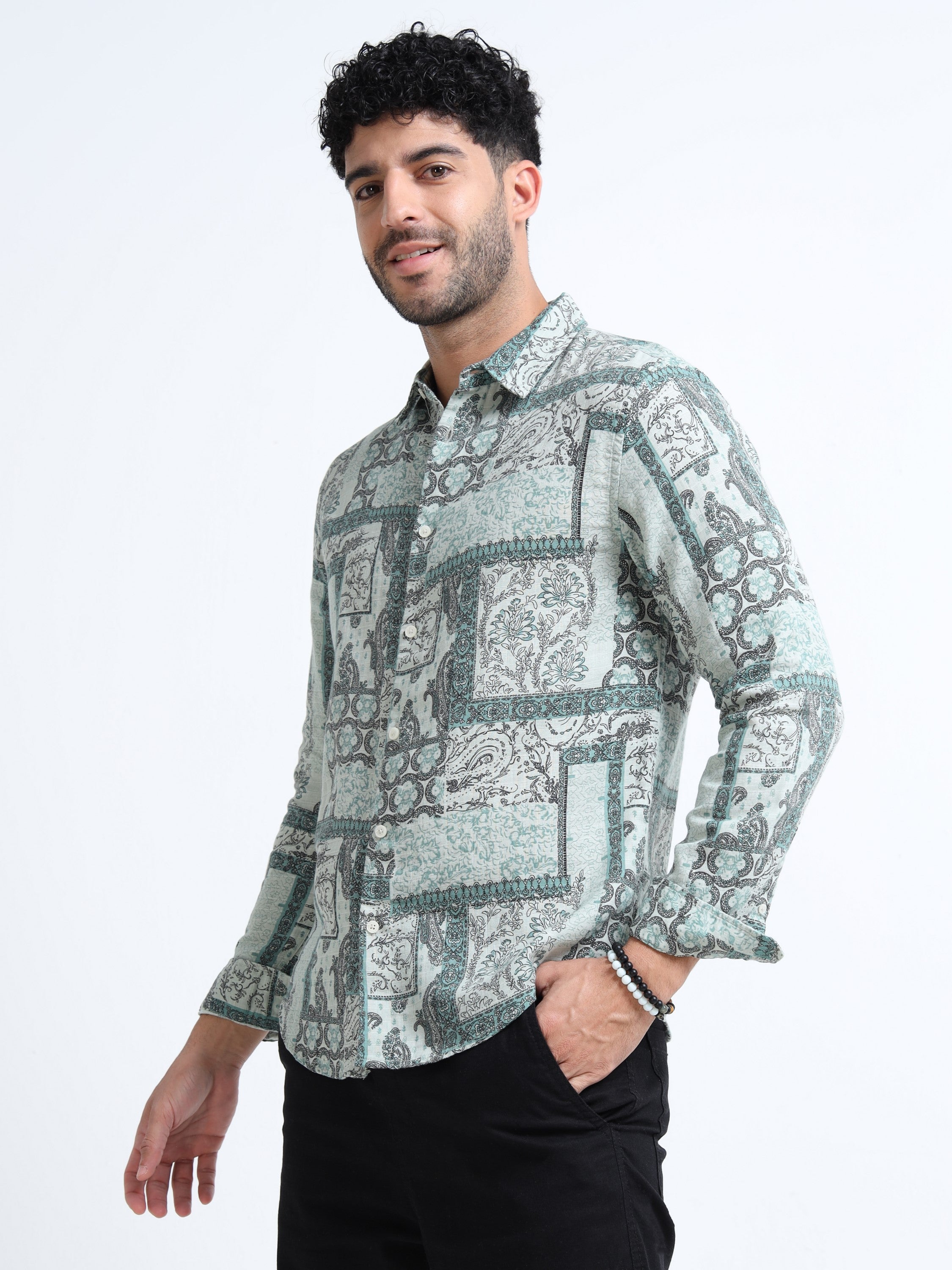 Men Green Paisley Patch Shirt
