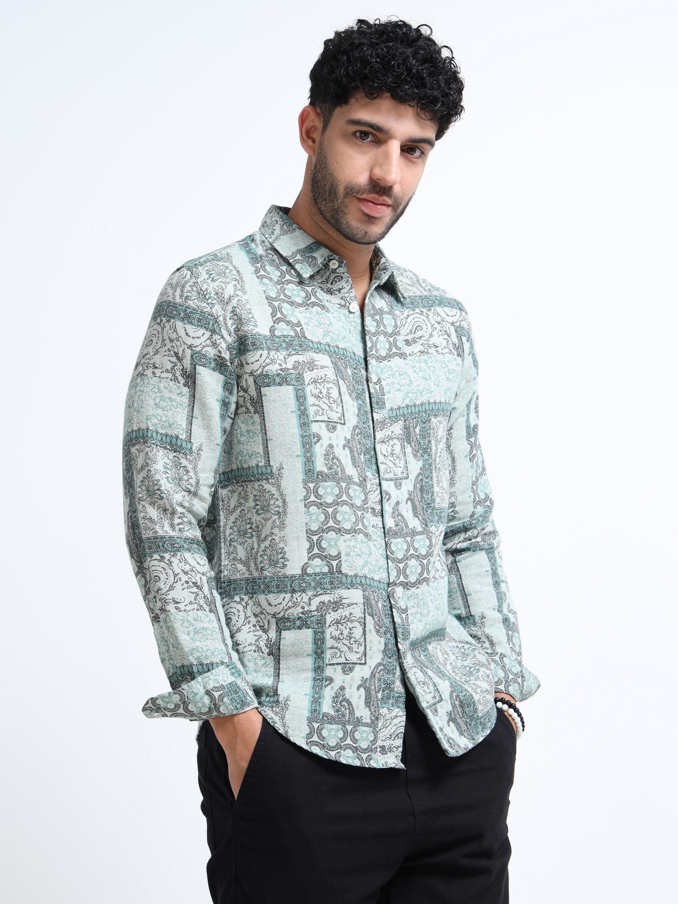 Men Green Paisley Patch Shirt