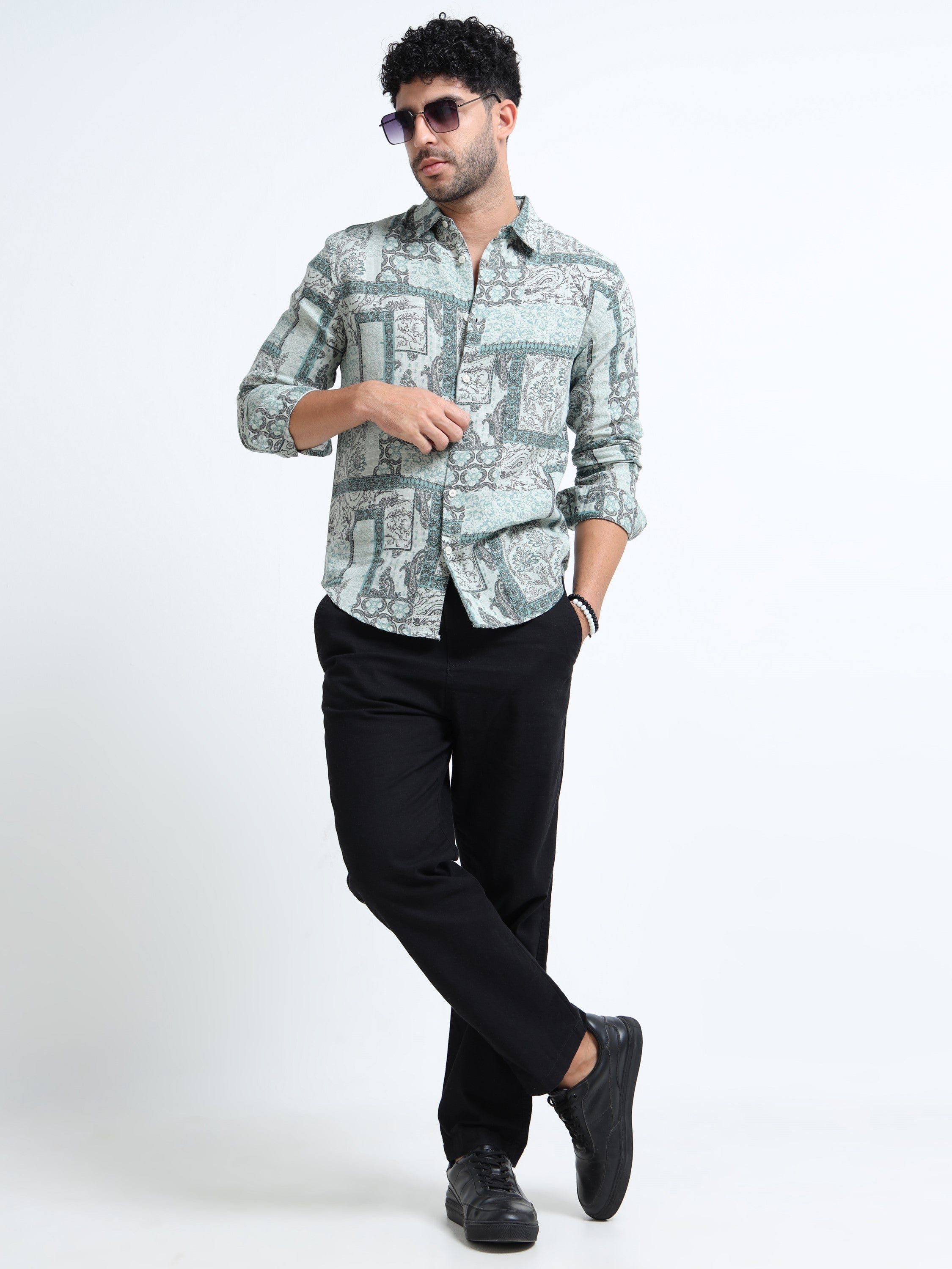 Men Green Paisley Patch Shirt