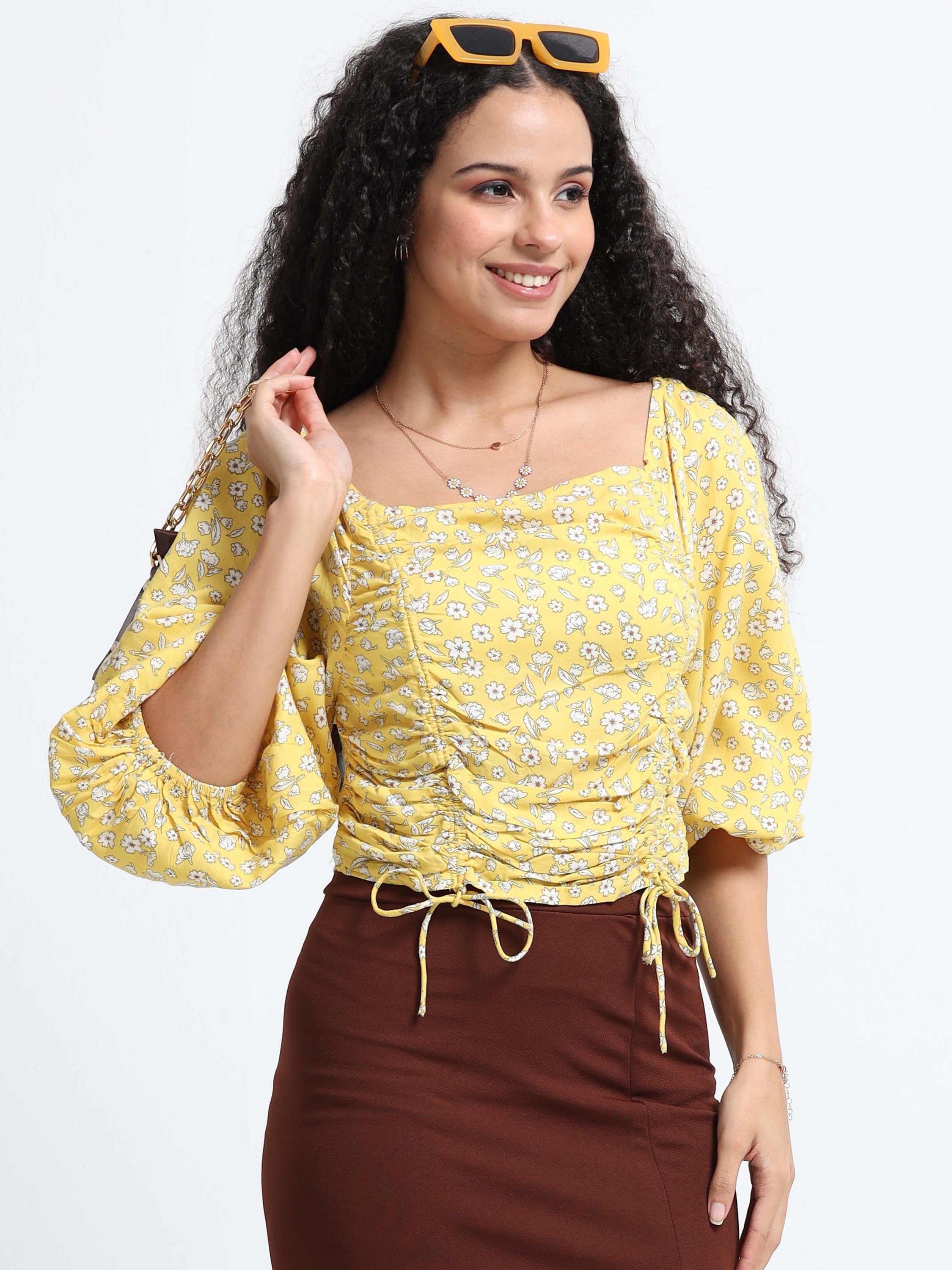 Women Yellow Floral Crop Top