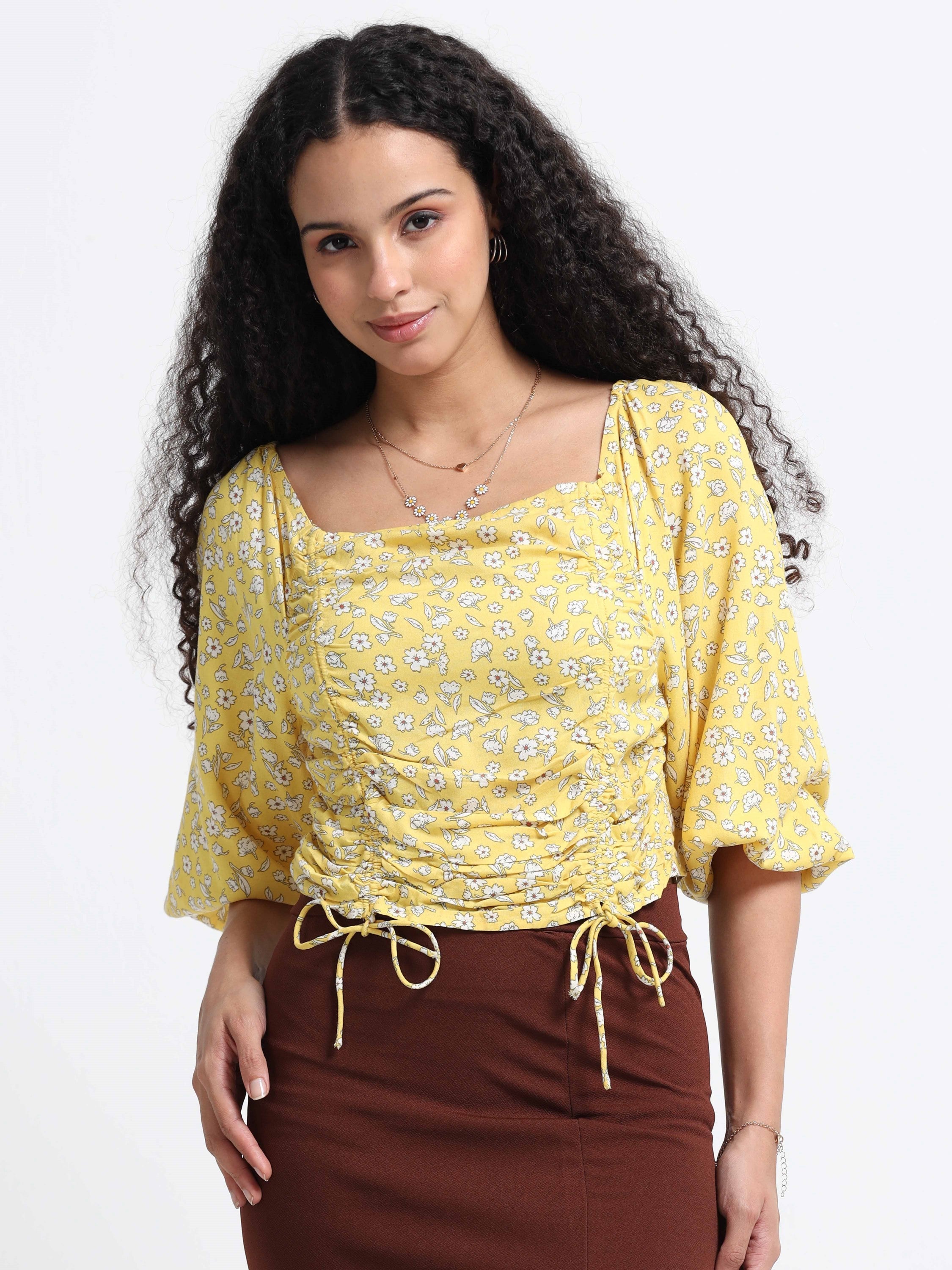 Women Yellow Floral Crop Top