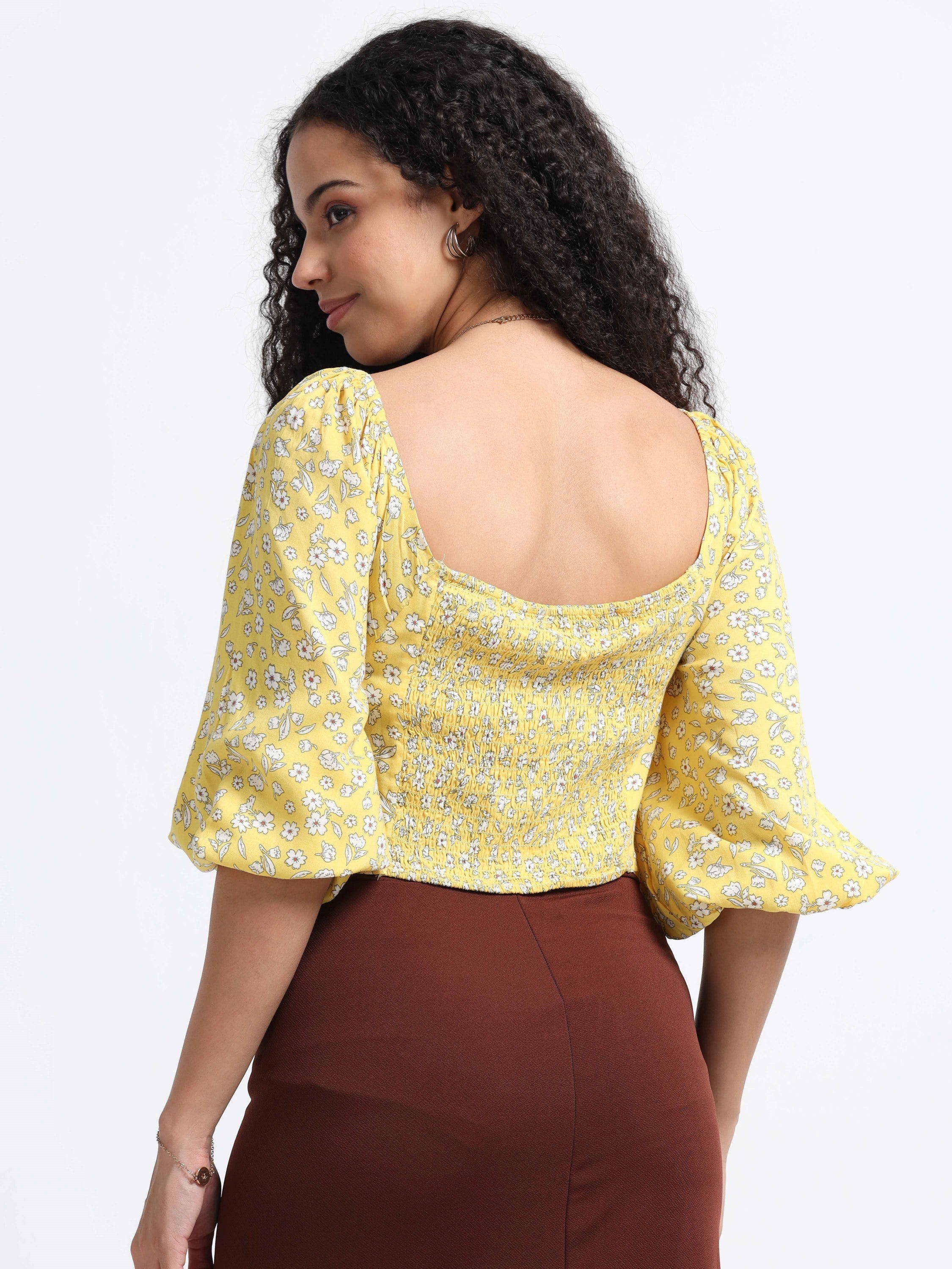 Women Yellow Floral Crop Top