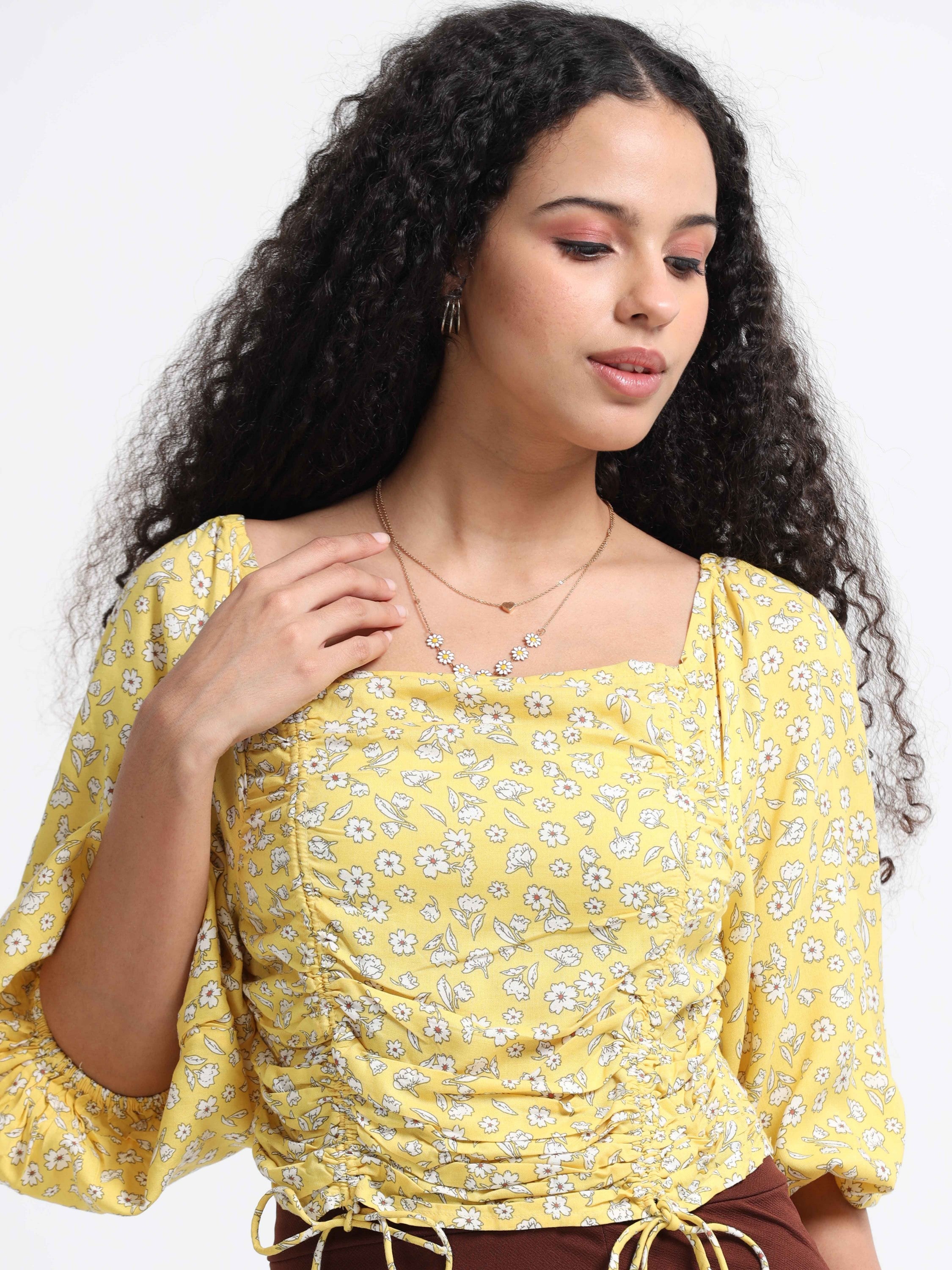 Women Yellow Floral Crop Top