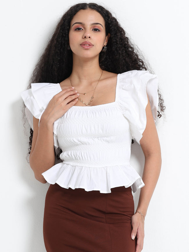 Women White Ruffle Top