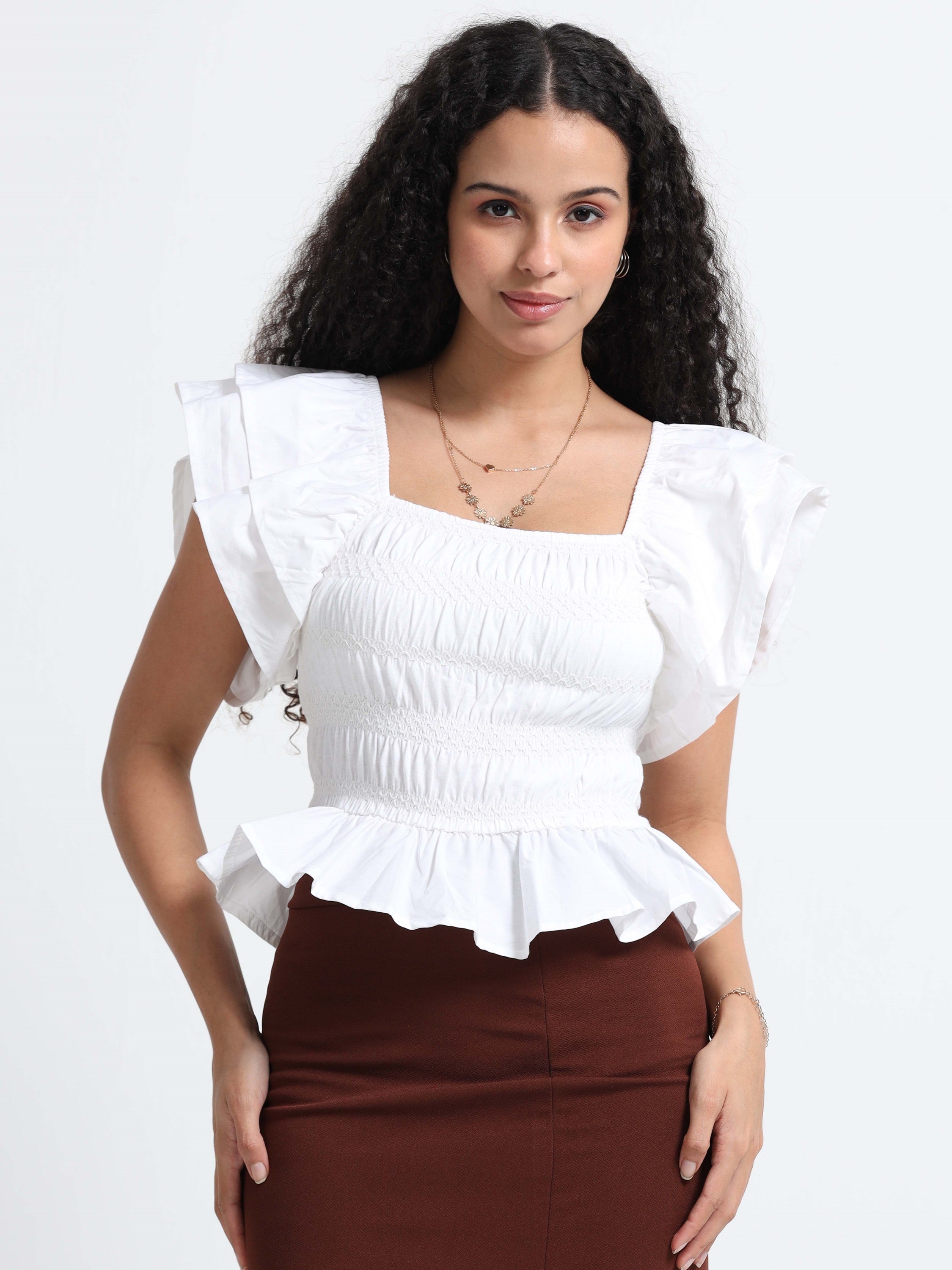 Women White Ruffle Top
