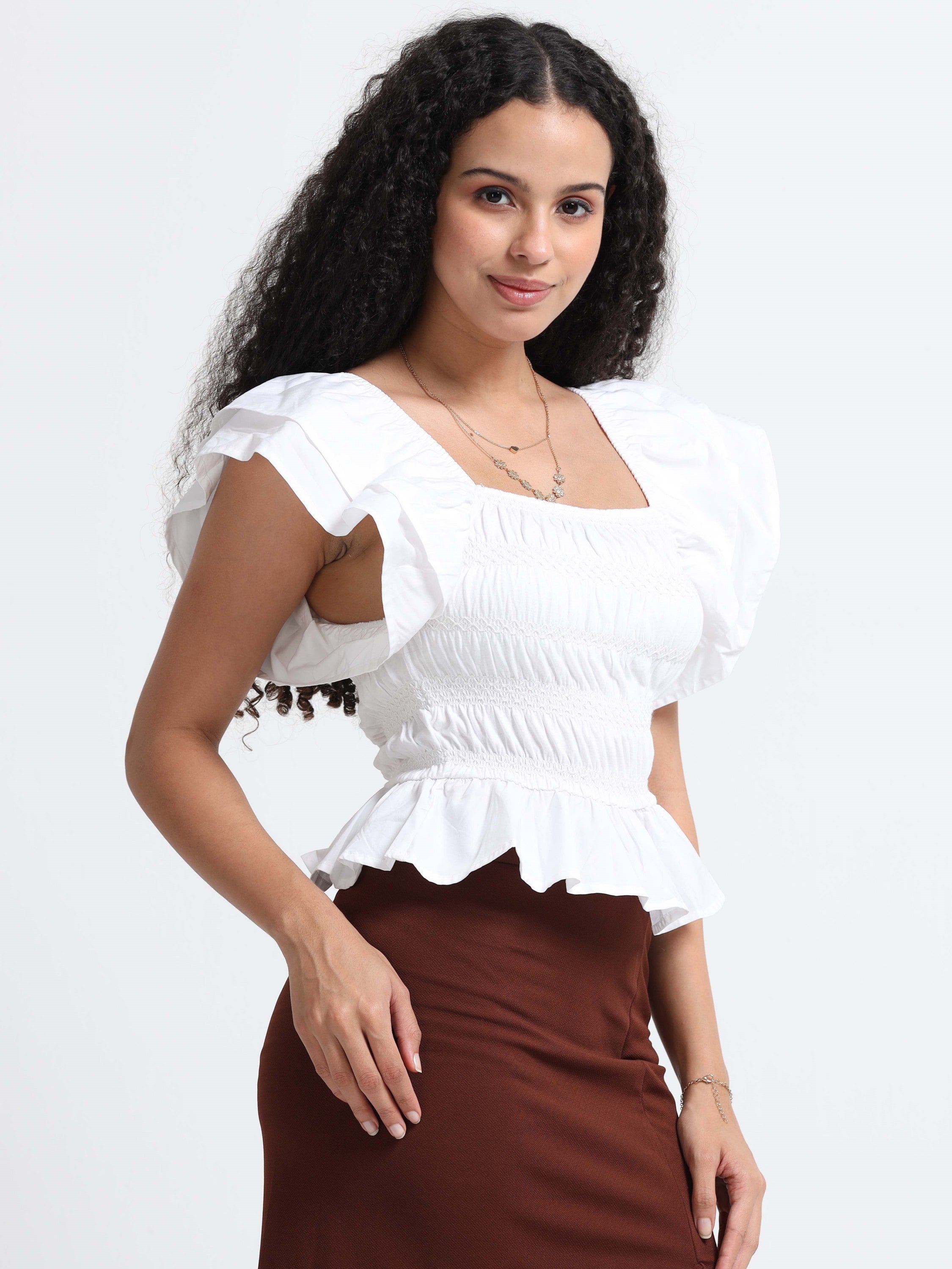 Women White Ruffle Top