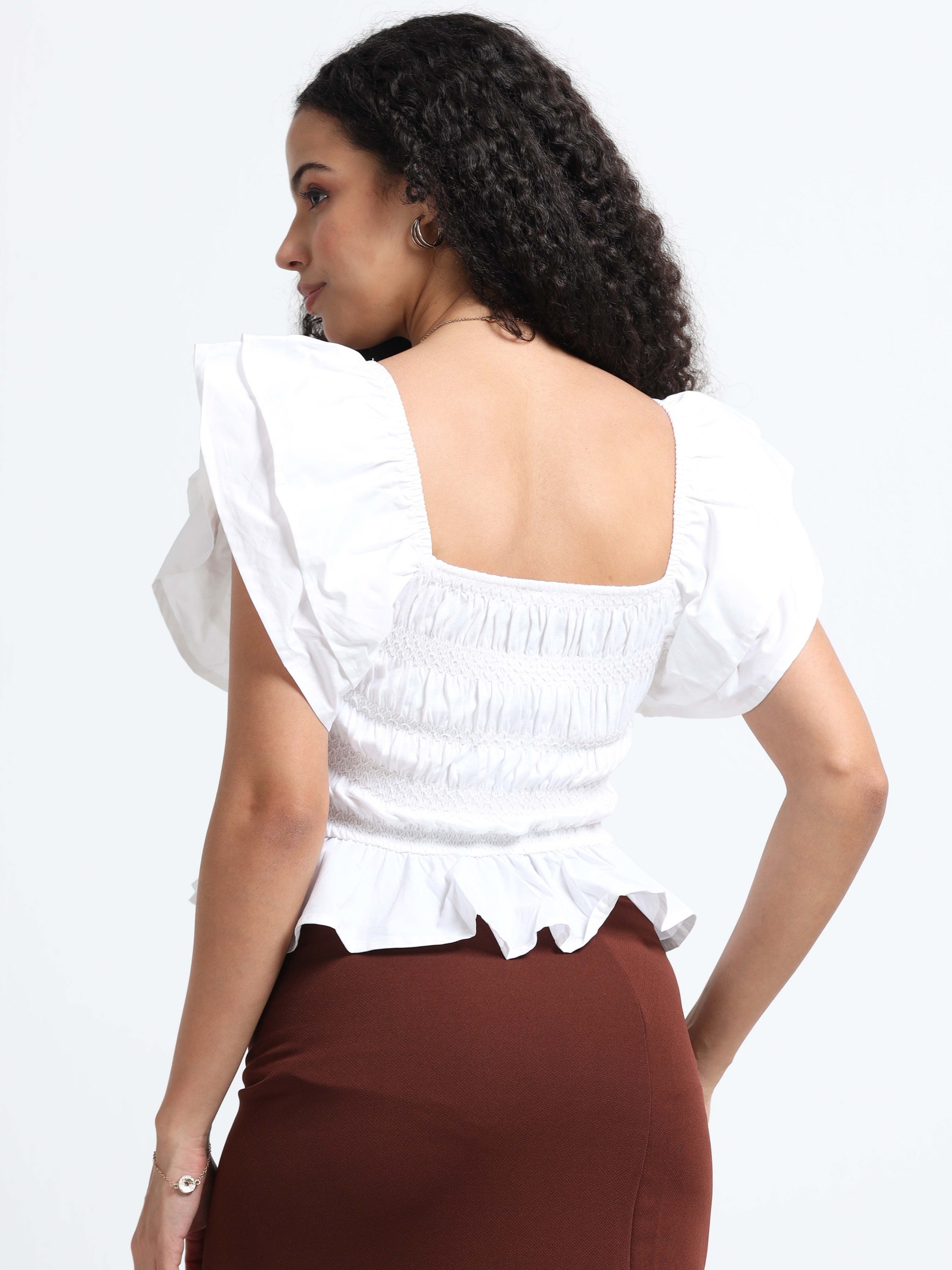 Women White Ruffle Top