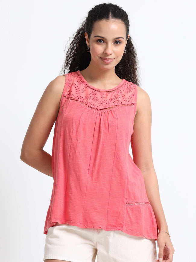Women Red Shiffli Yoke Top