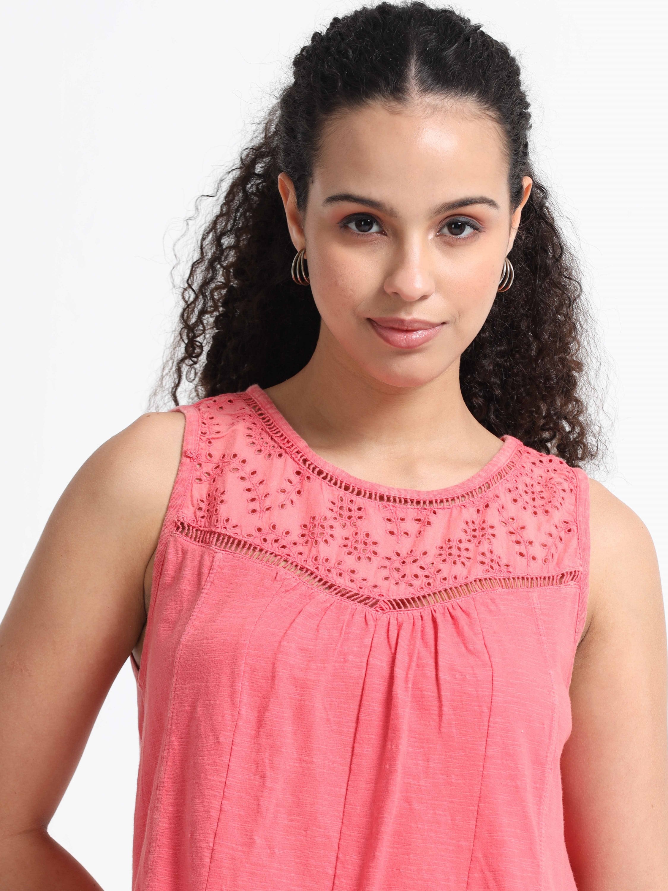 Women Red Shiffli Yoke Top