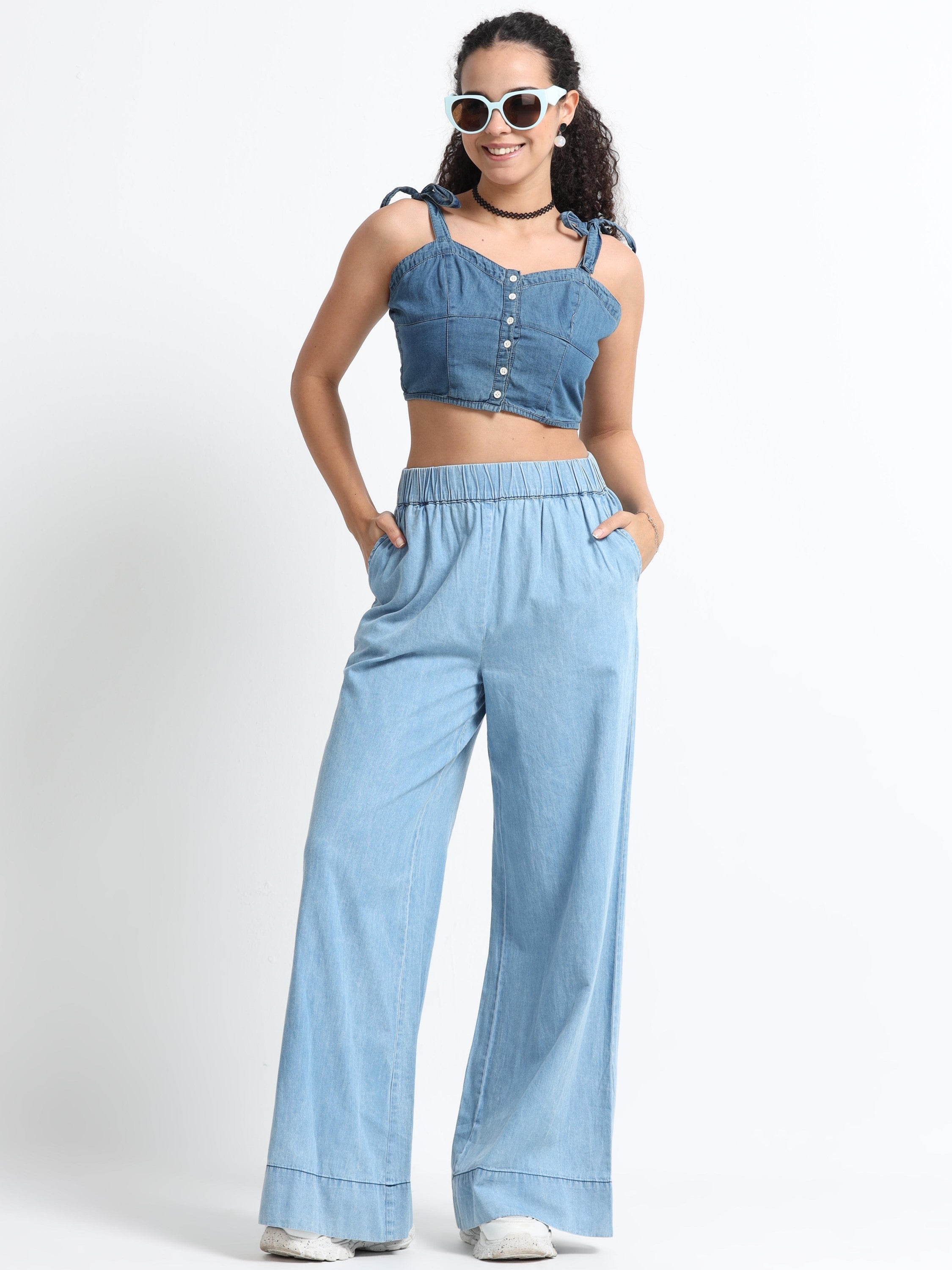 Women Blue Denim Relaxed Plazzo
