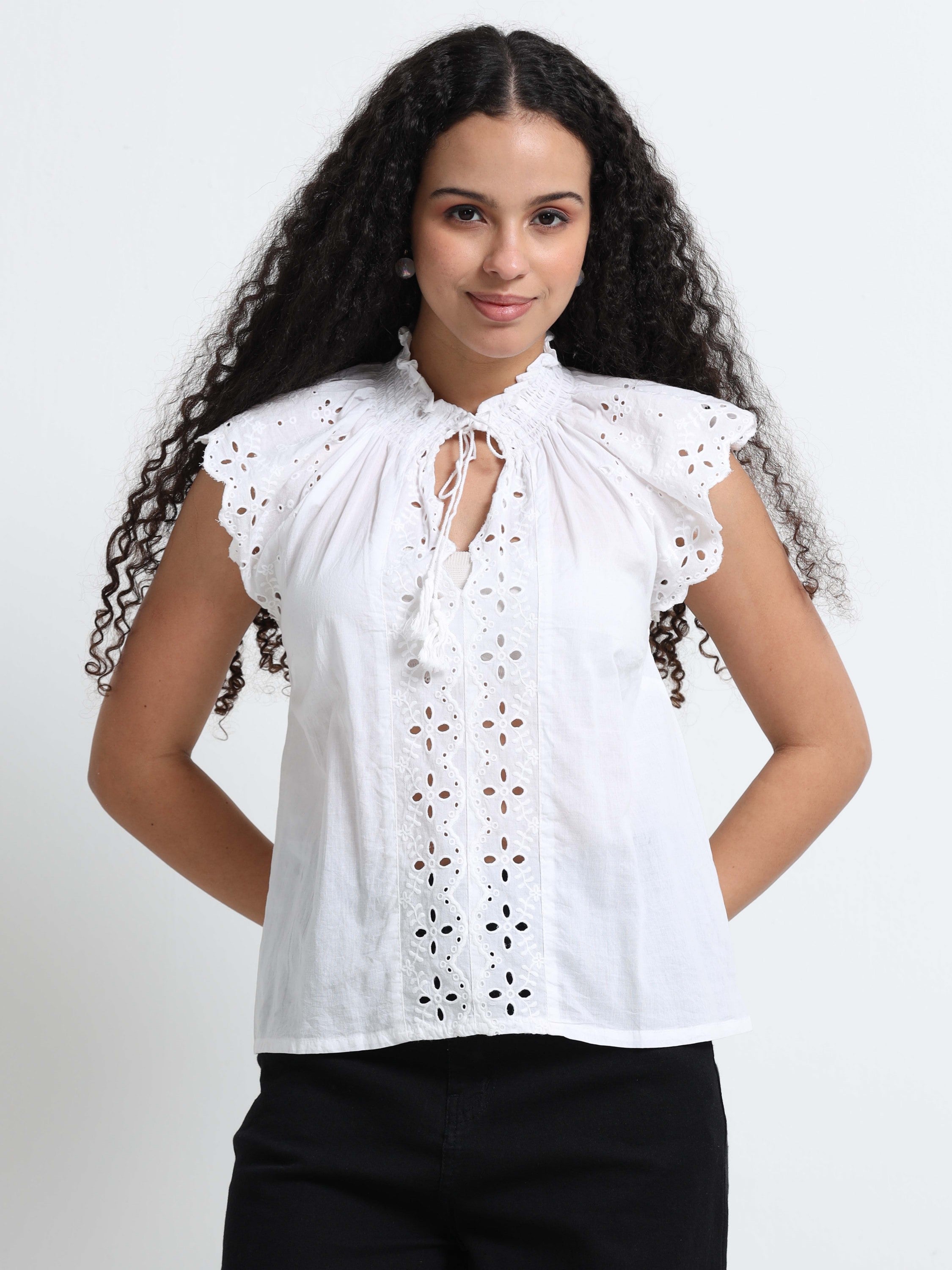 Women White Schiffli Top