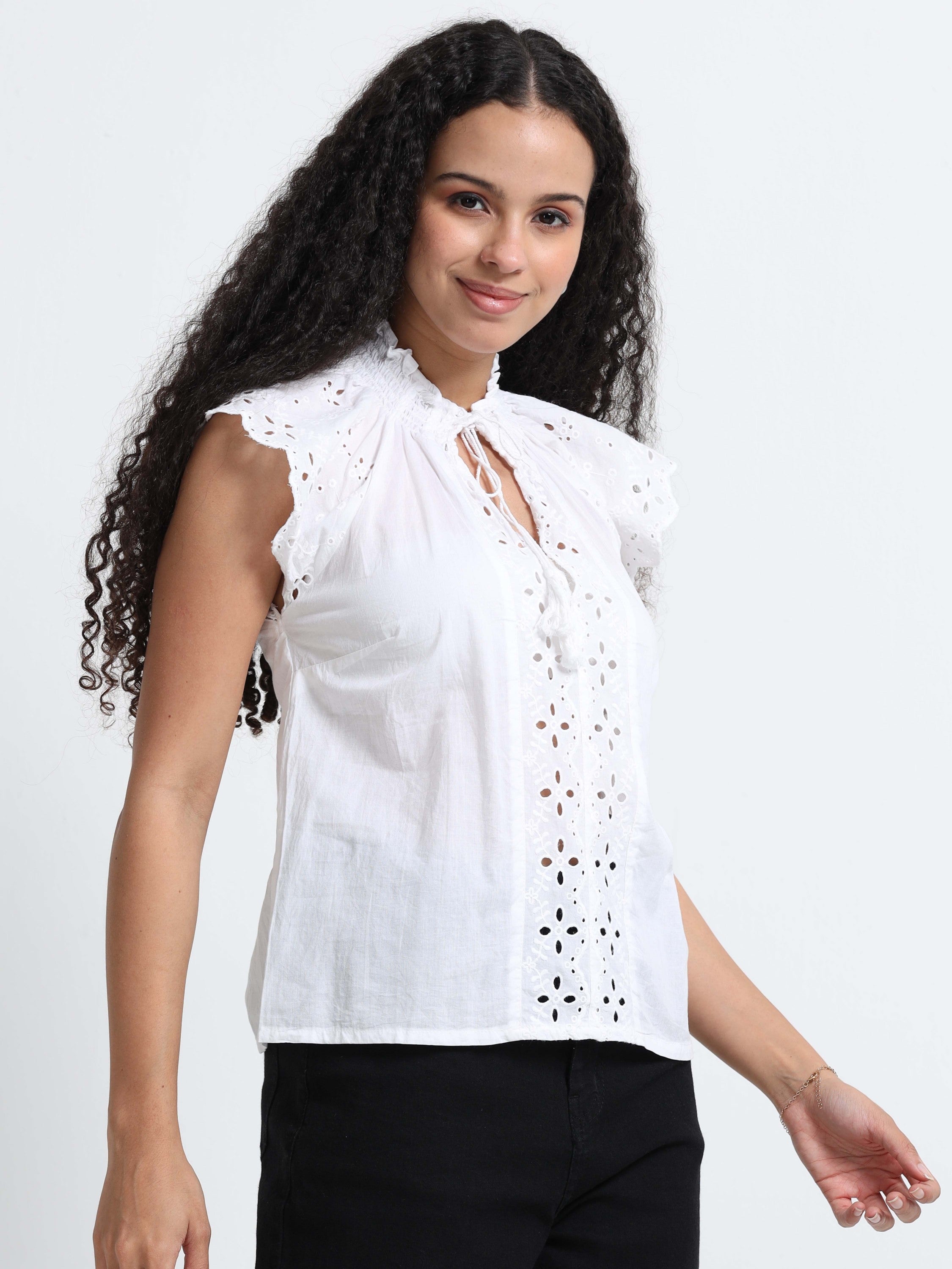 Women White Schiffli Top