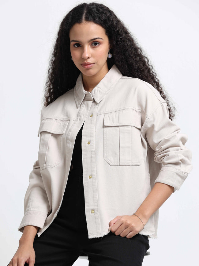 Women Beige Cotton Oversized Shacket 